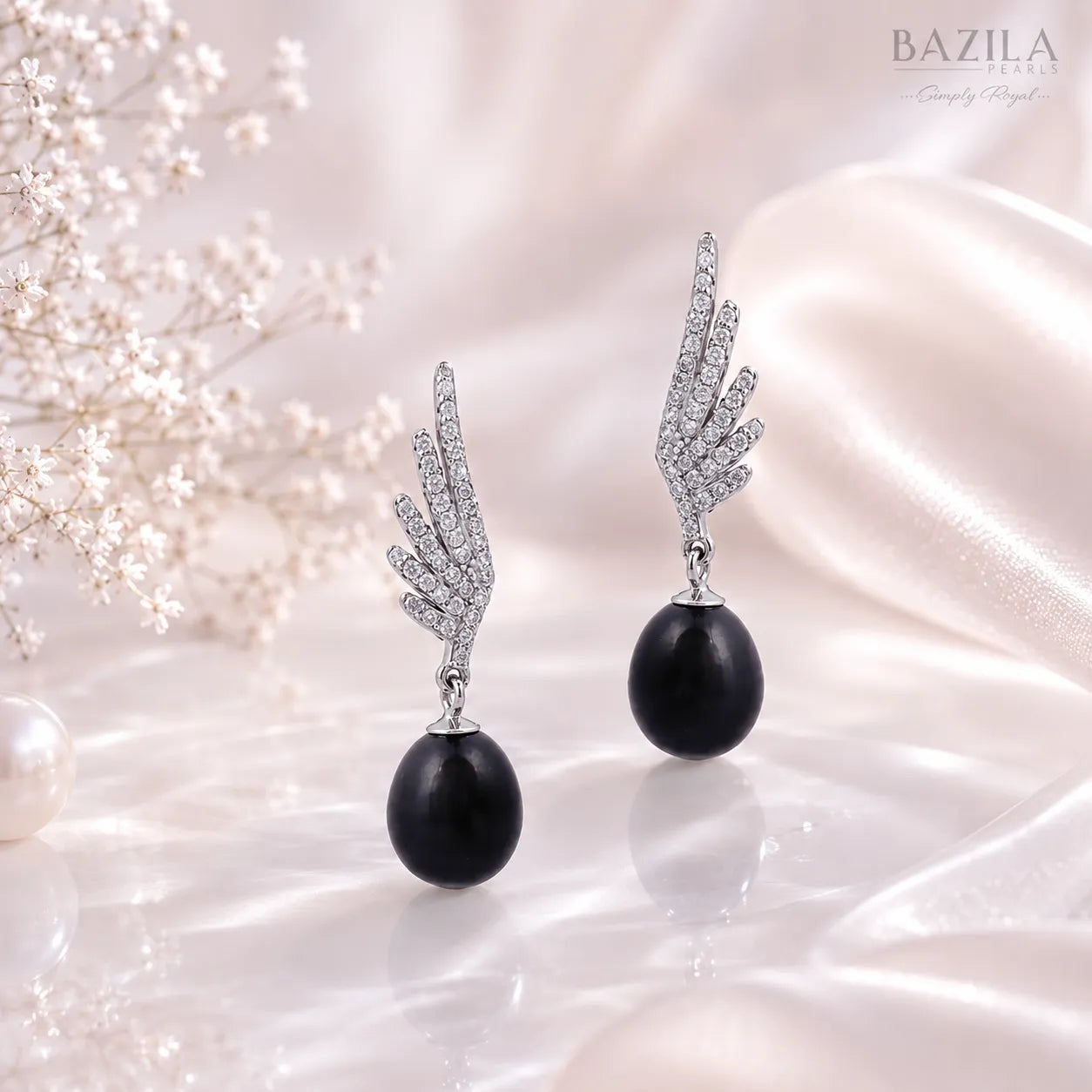 Black Freshwater Pearl Angel Wing Drop Earrings
