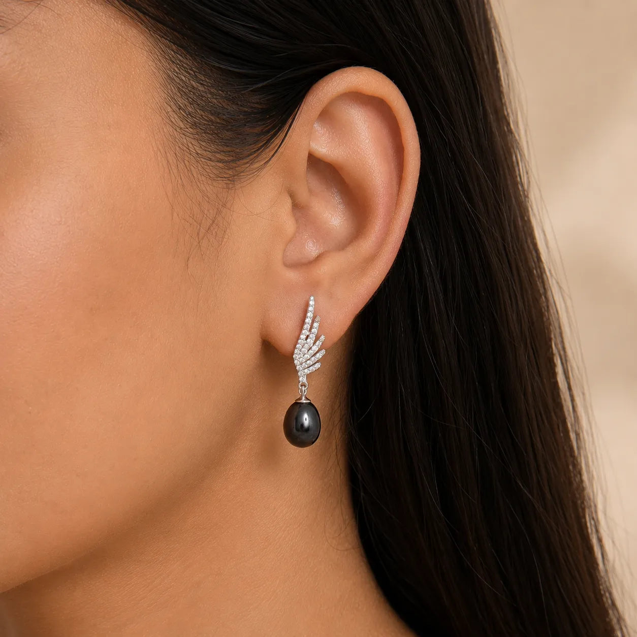 Black Freshwater Pearl Angel Wing Drop Earrings