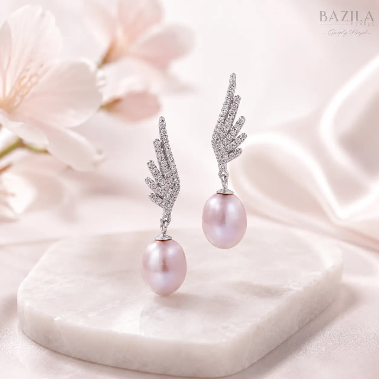 Pink Freshwater Pearl Angel Wing Silver Drop Earrings