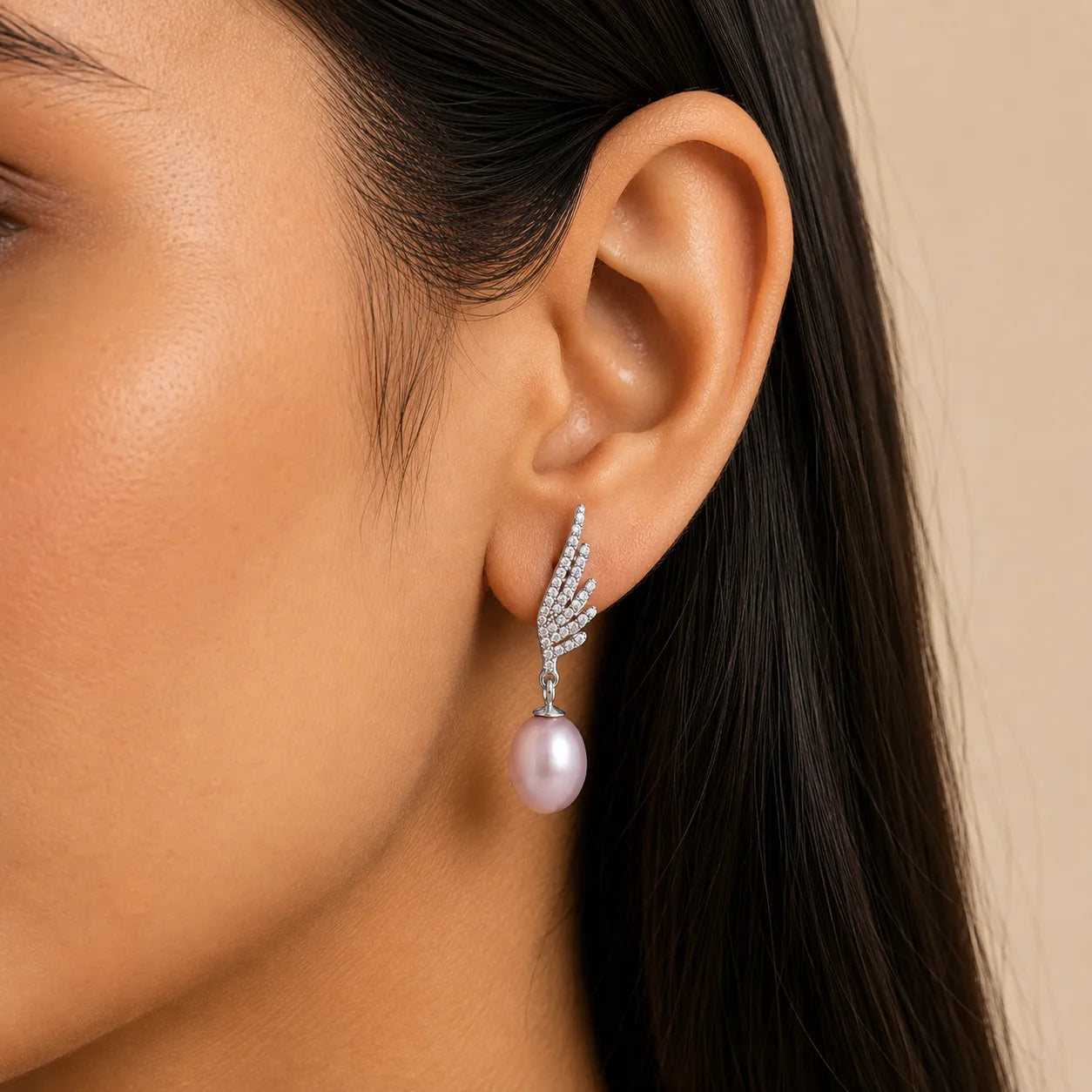 Pink Freshwater Pearl Angel Wing Silver Drop Earrings