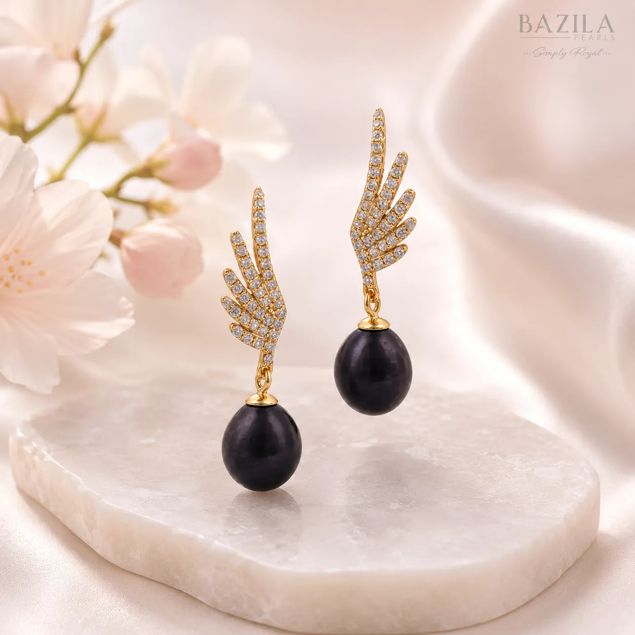 Black Freshwater Pearl Angel Wing Gold Drop Earrings