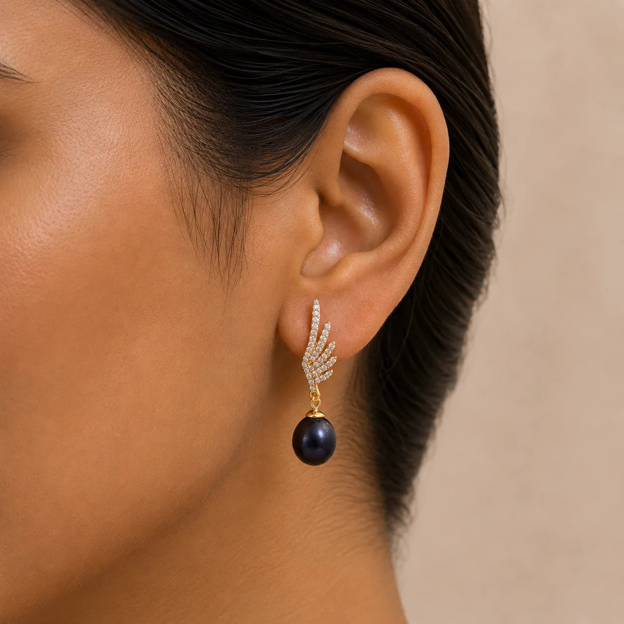 Black Freshwater Pearl Angel Wing Gold Drop Earrings