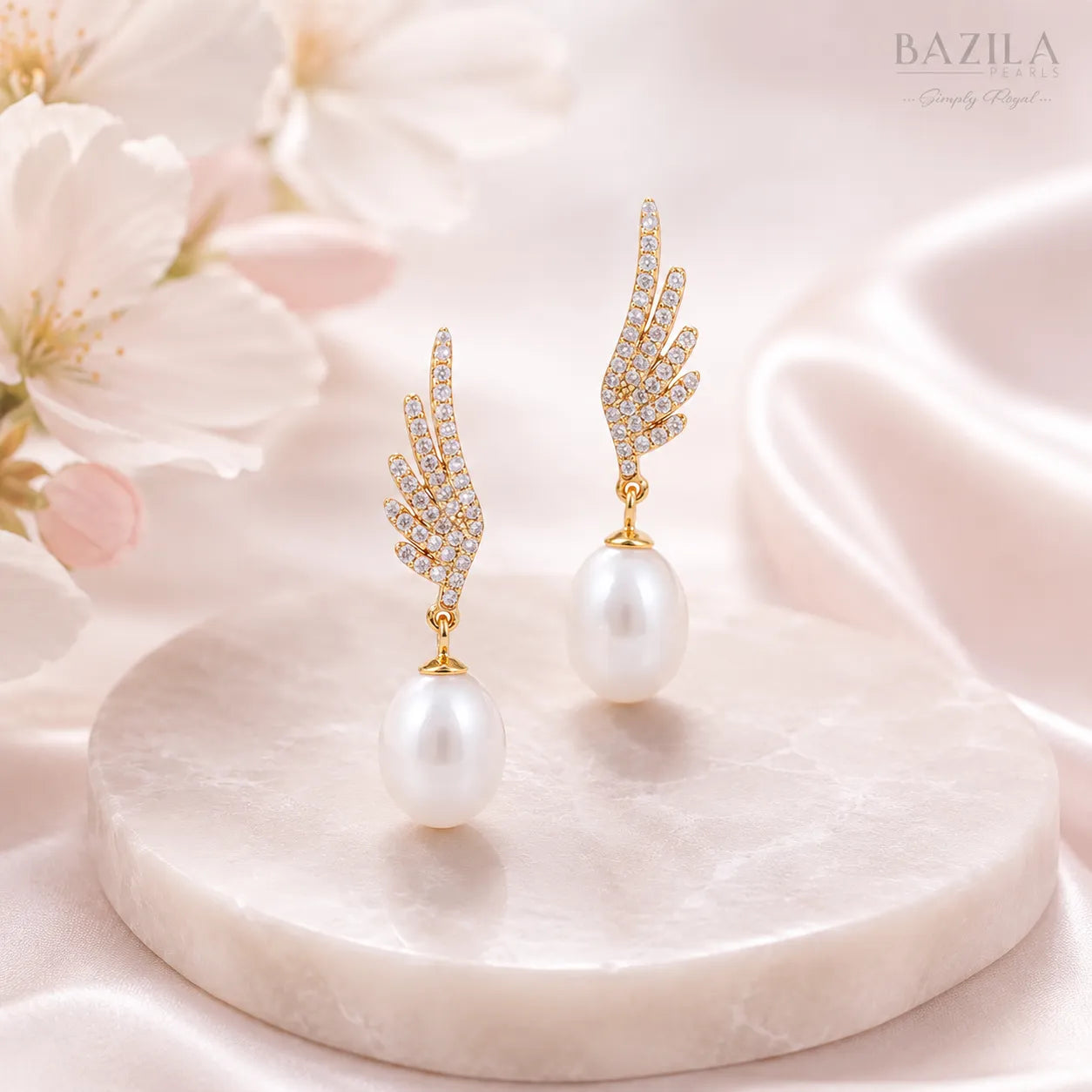White Freshwater Pearl Angel Wing Gold Drop Earrings