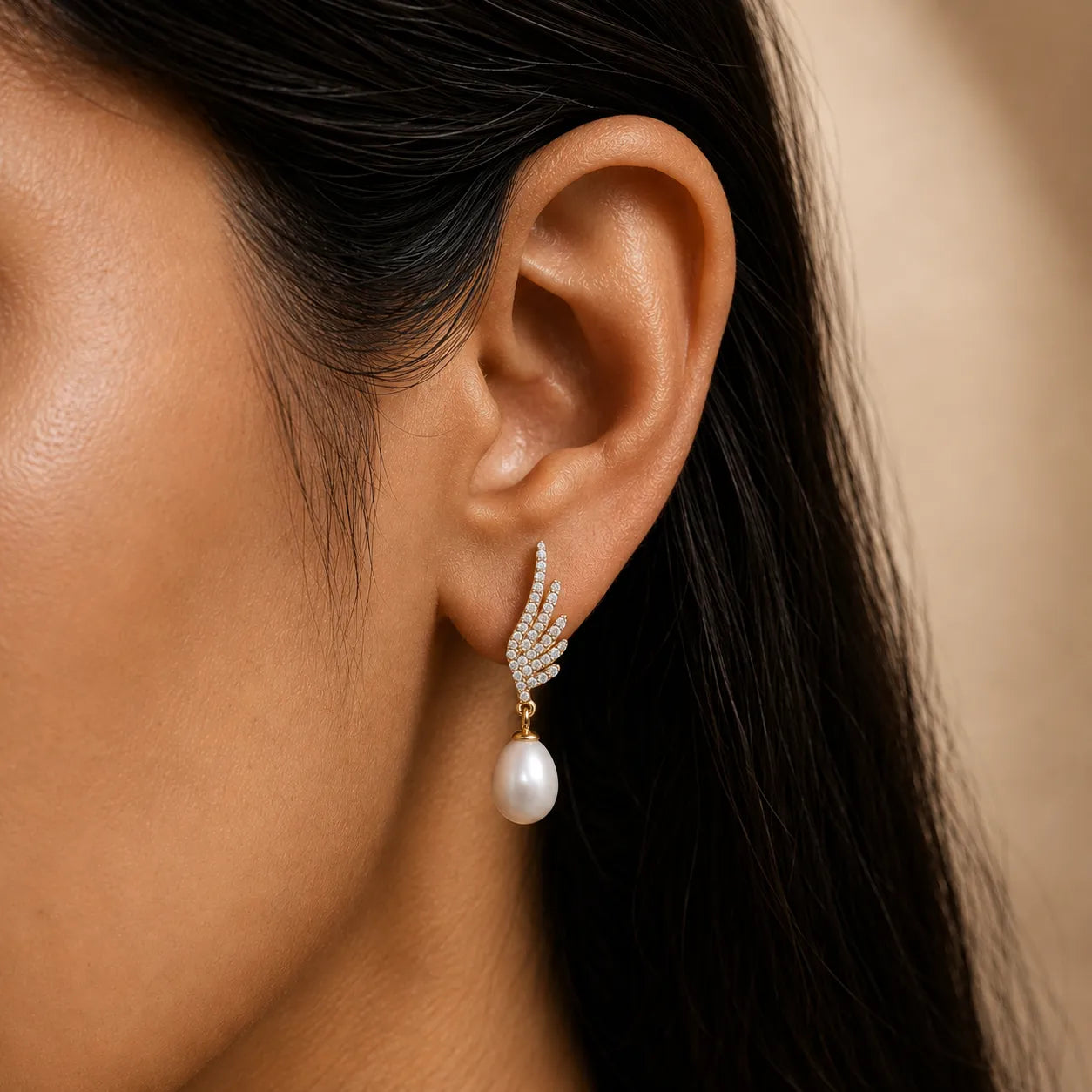 White Freshwater Pearl Angel Wing Gold Drop Earrings