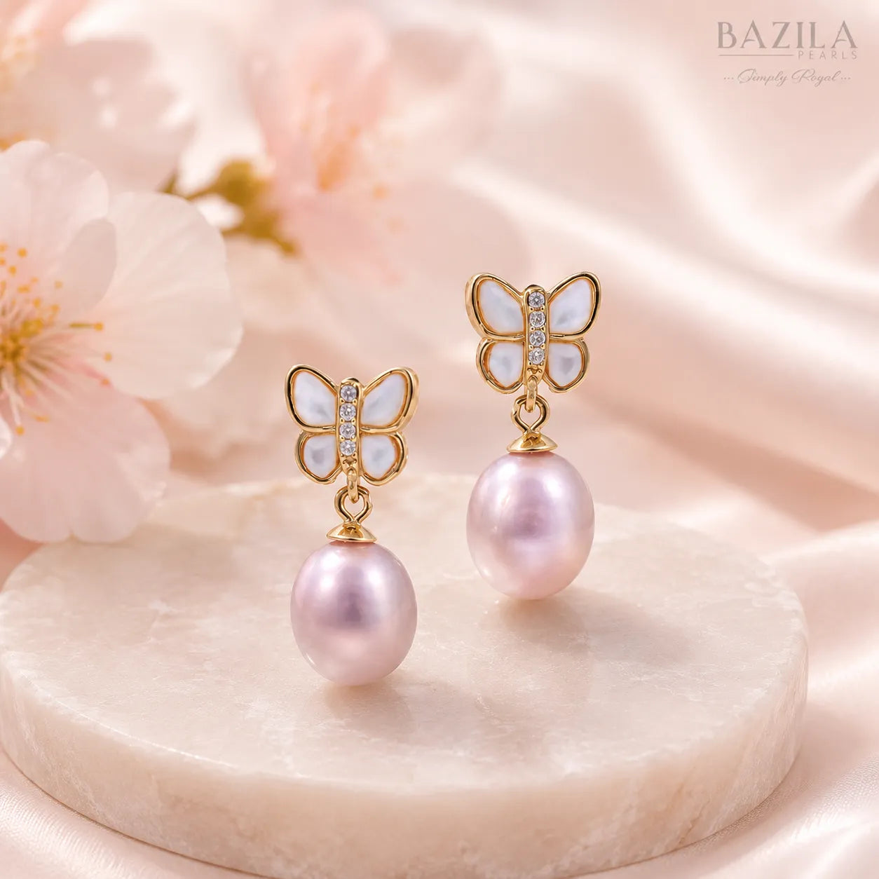 Pink Freshwater Pearl Butterfly Gold Drop Earrings