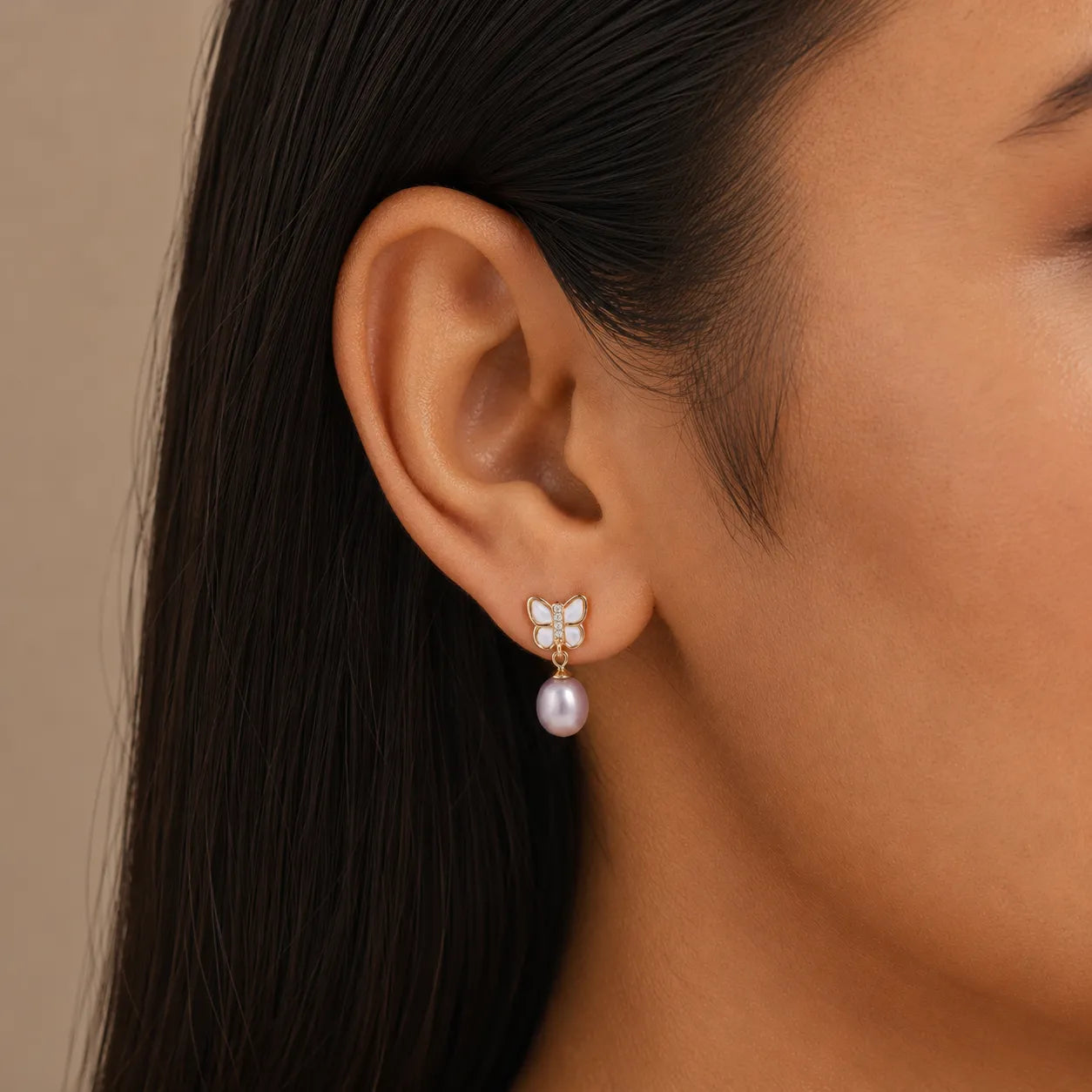 Pink Freshwater Pearl Butterfly Gold Drop Earrings