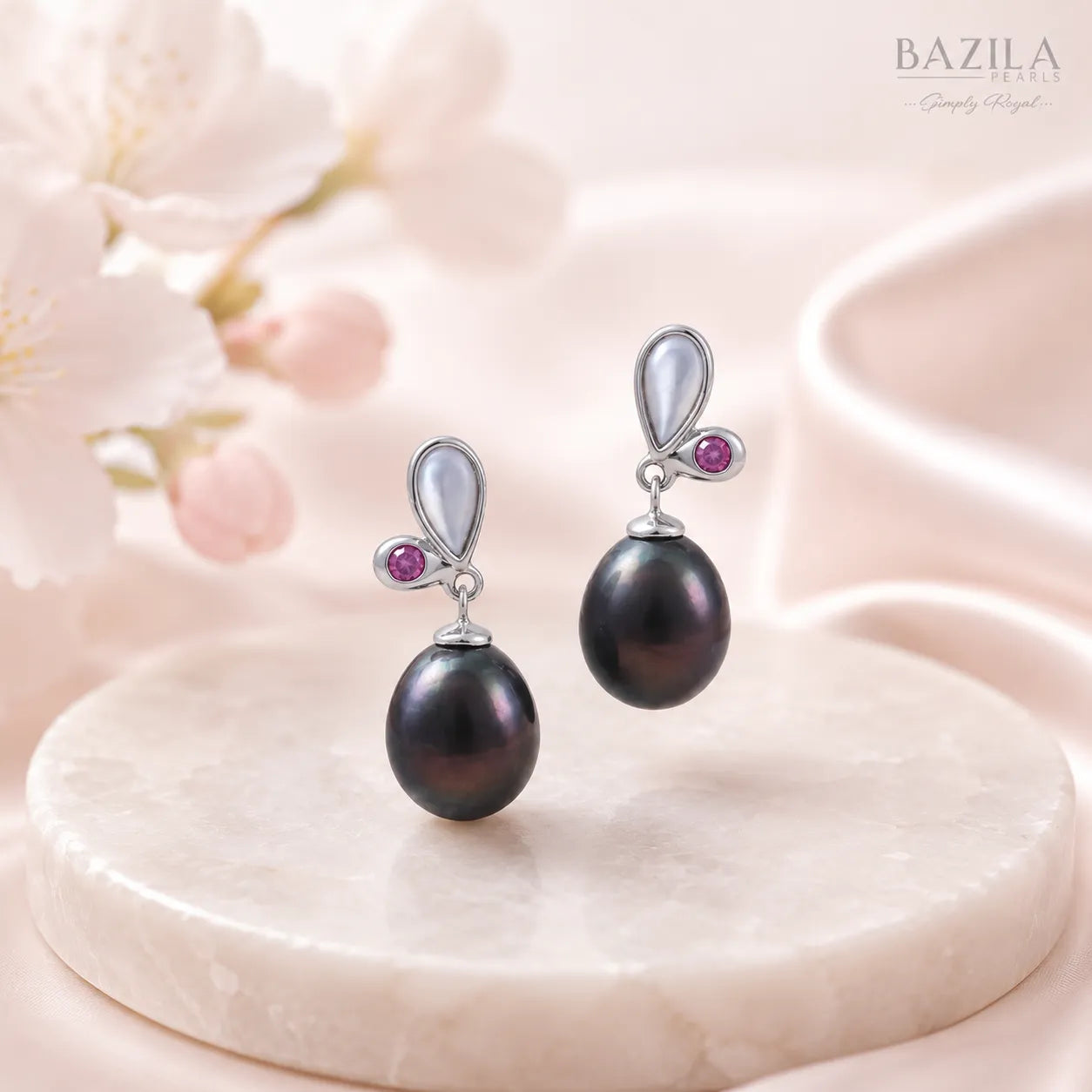 Black Freshwater Pearl Silver Drop Earrings