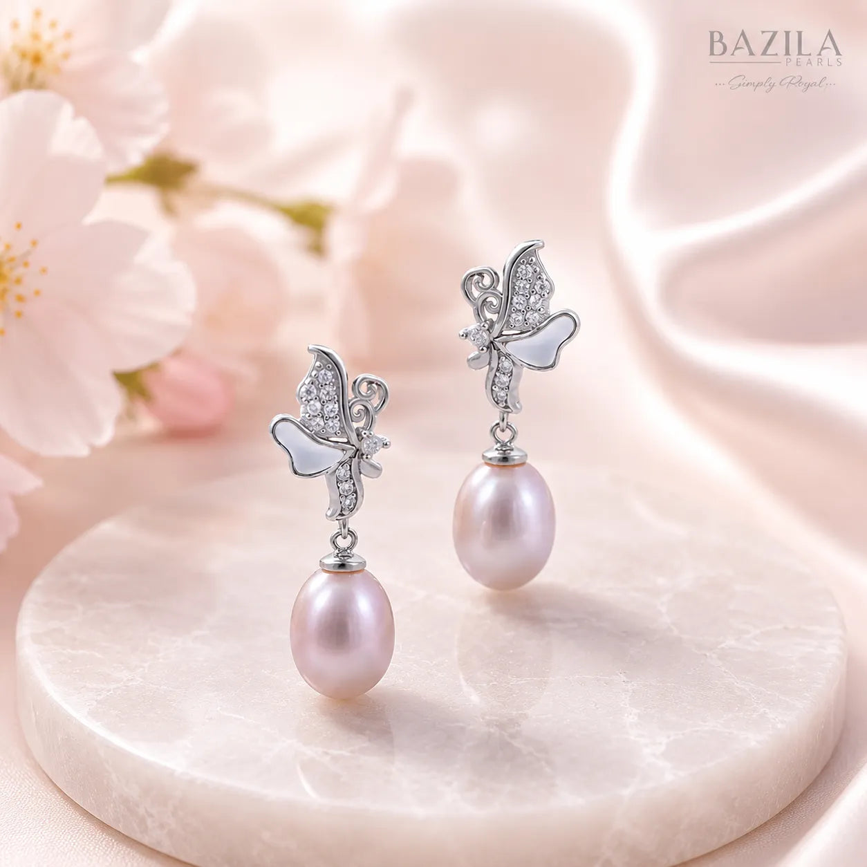 Pink Freshwater Pearl Butterfly Silver Drop Earrings