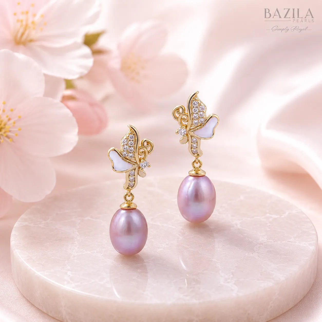 Pink Freshwater Pearl Butterfly Gold Drop Earrings