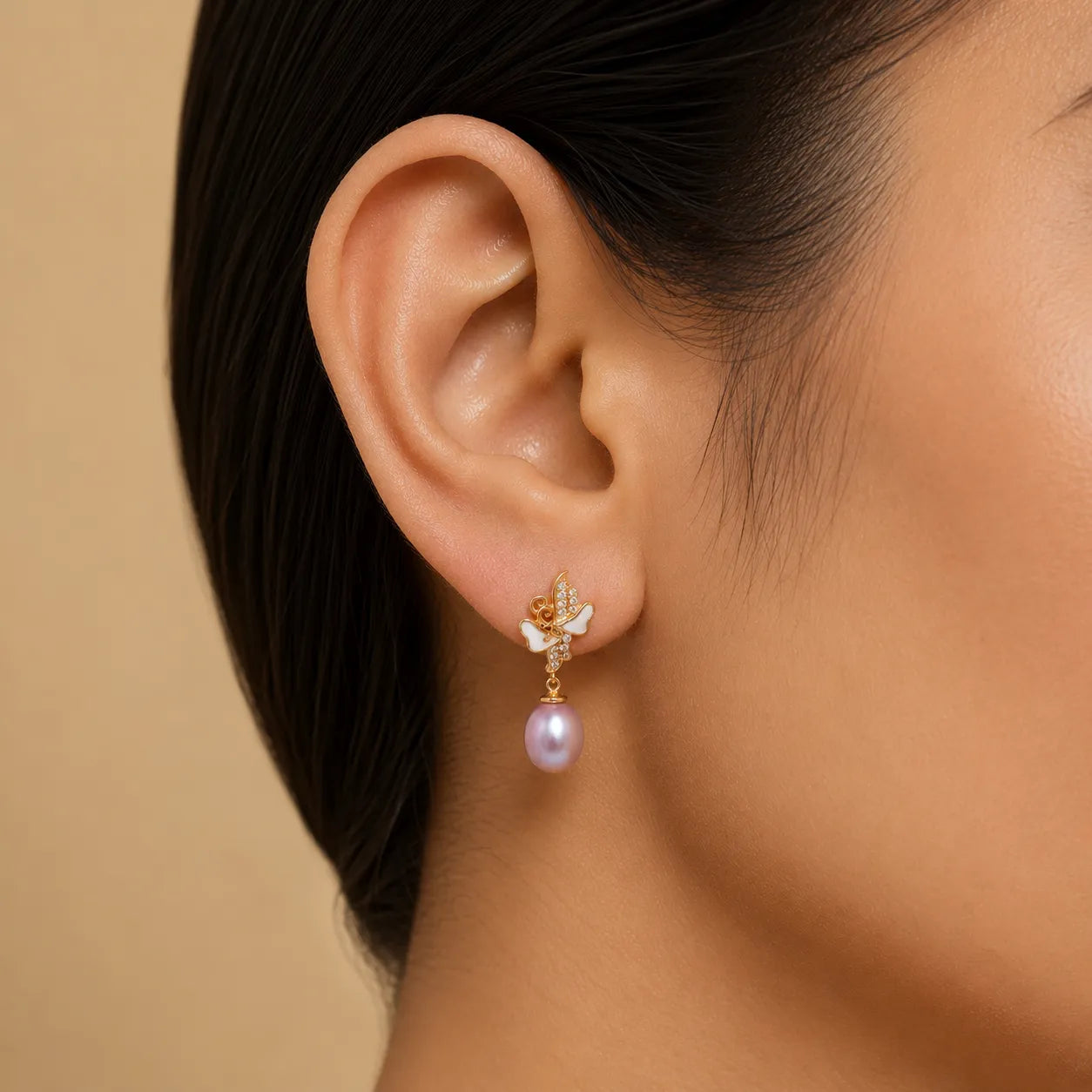 Pink Freshwater Pearl Butterfly Gold Drop Earrings