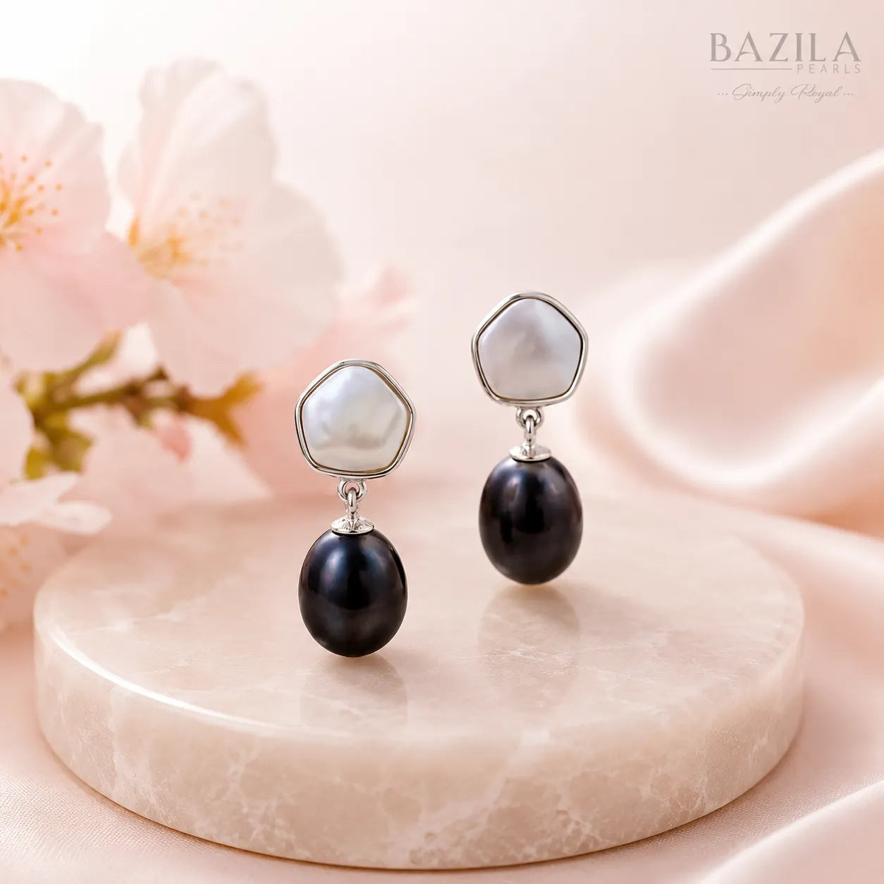 Black Freshwater Pearl Silver Drop Earrings