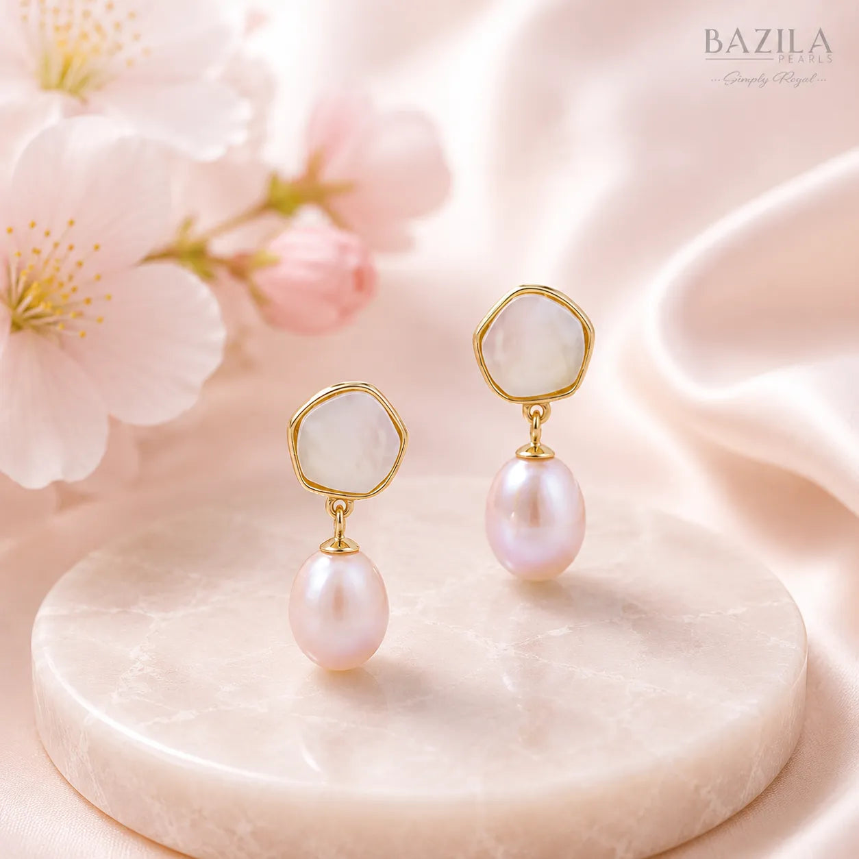 Pink Freshwater Pearl Gold Drop Sliver Earrings