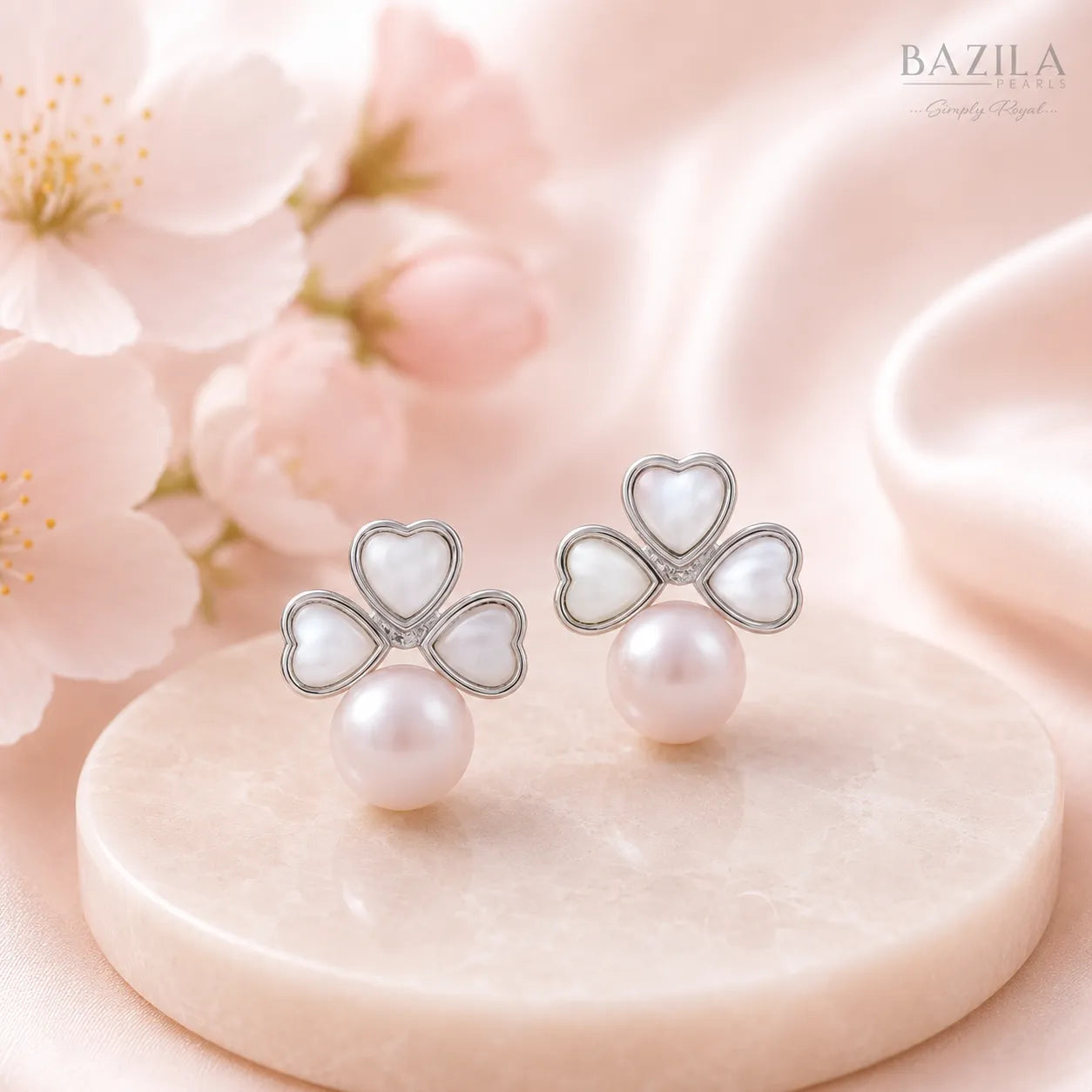 White Freshwater Pearl Clover Silver Stud Earrings