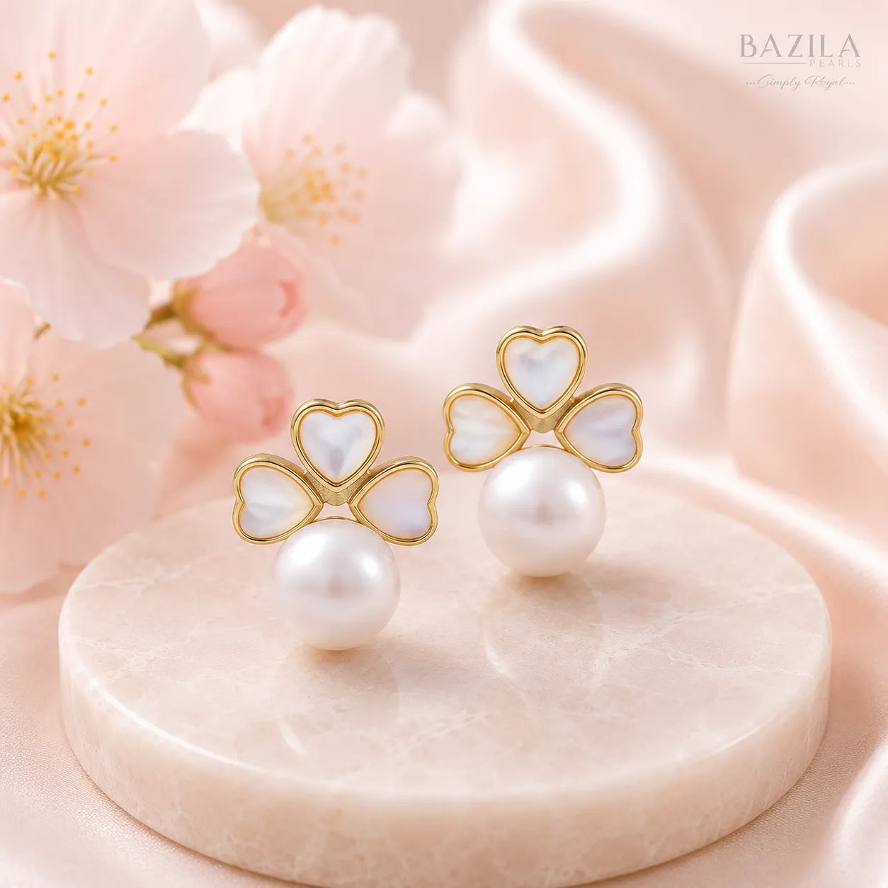 White Freshwater Pearl Clover Gold Stud Earrings