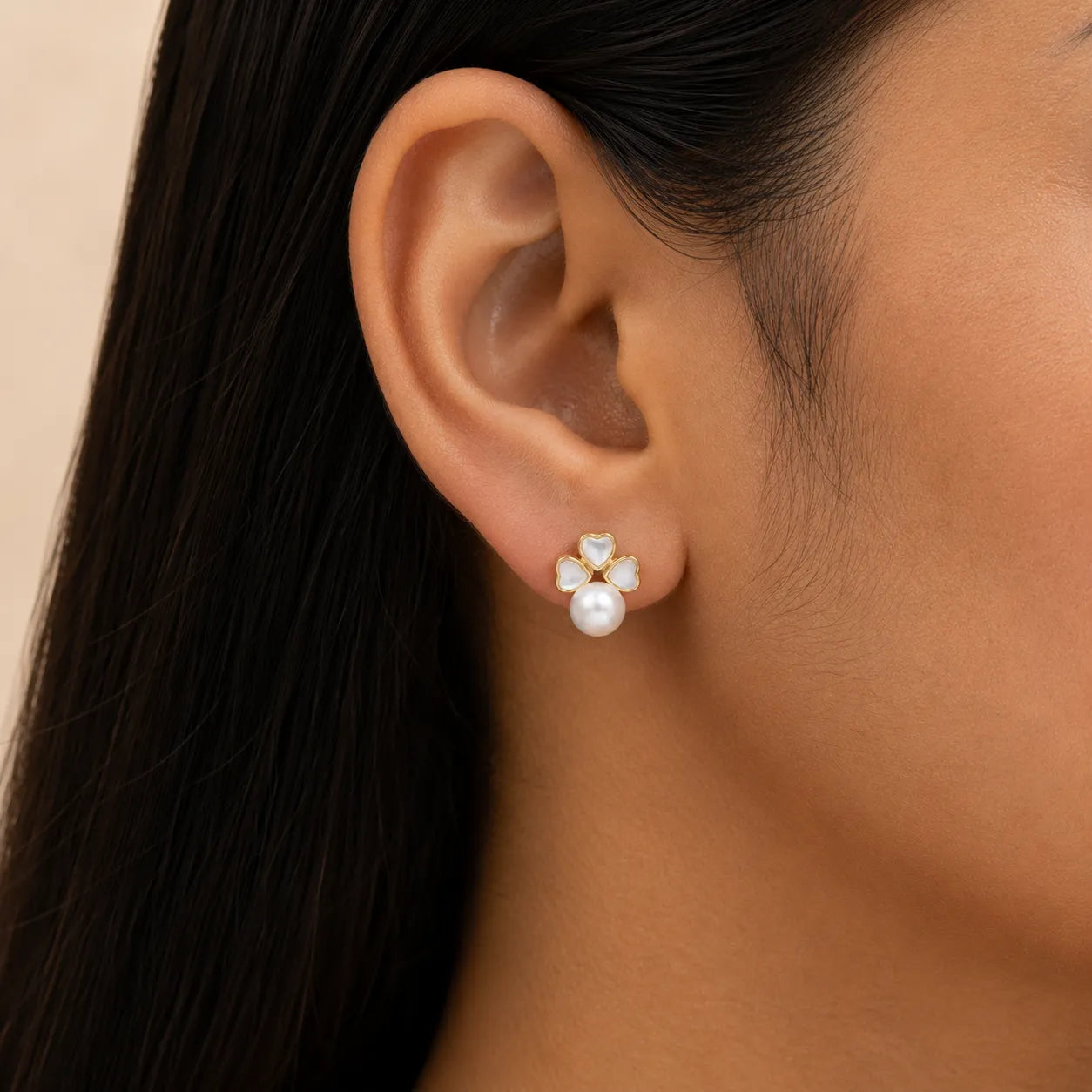 White Freshwater Pearl Clover Gold Stud Earrings