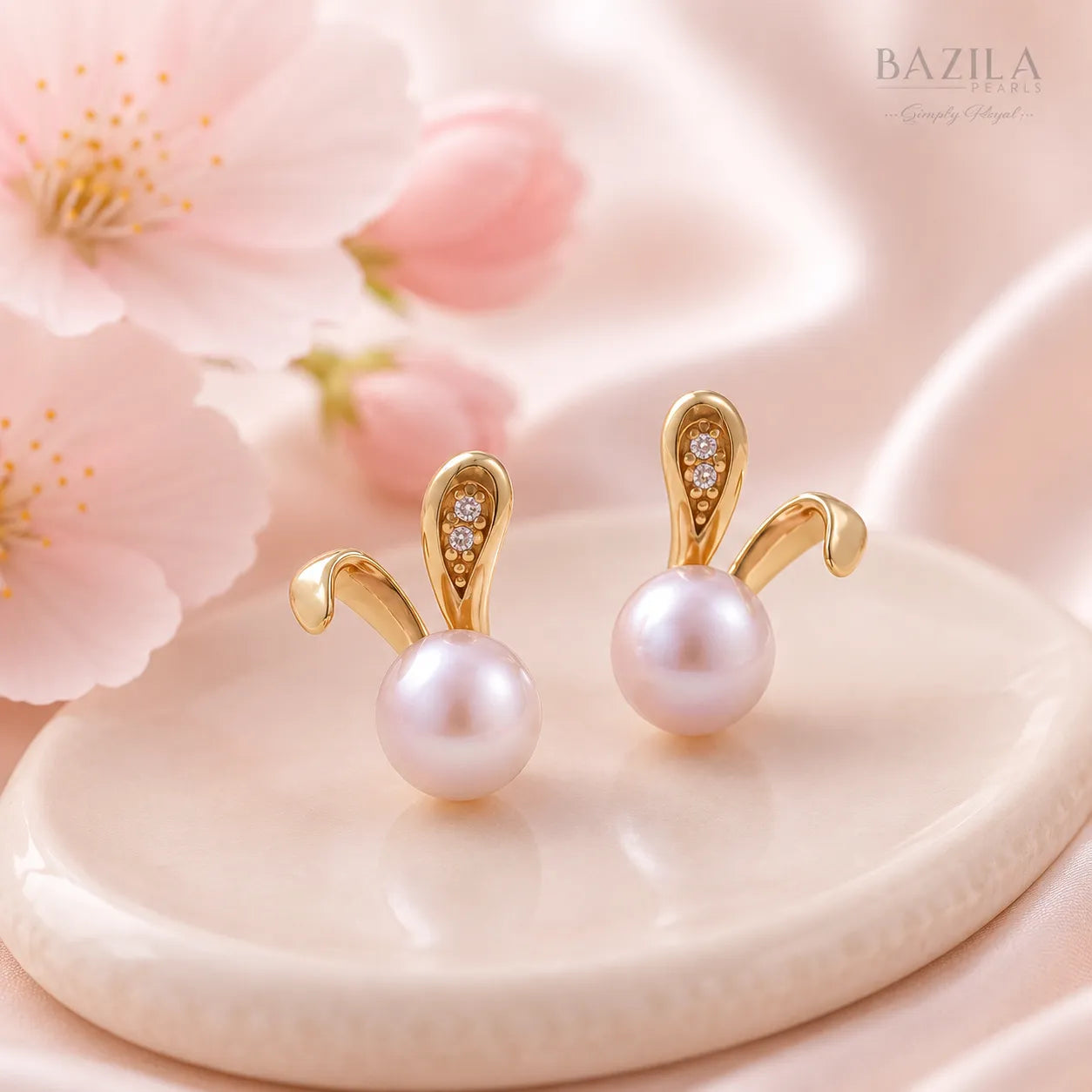 Pink Freshwater Pearl Bunny Gold Stud Earrings