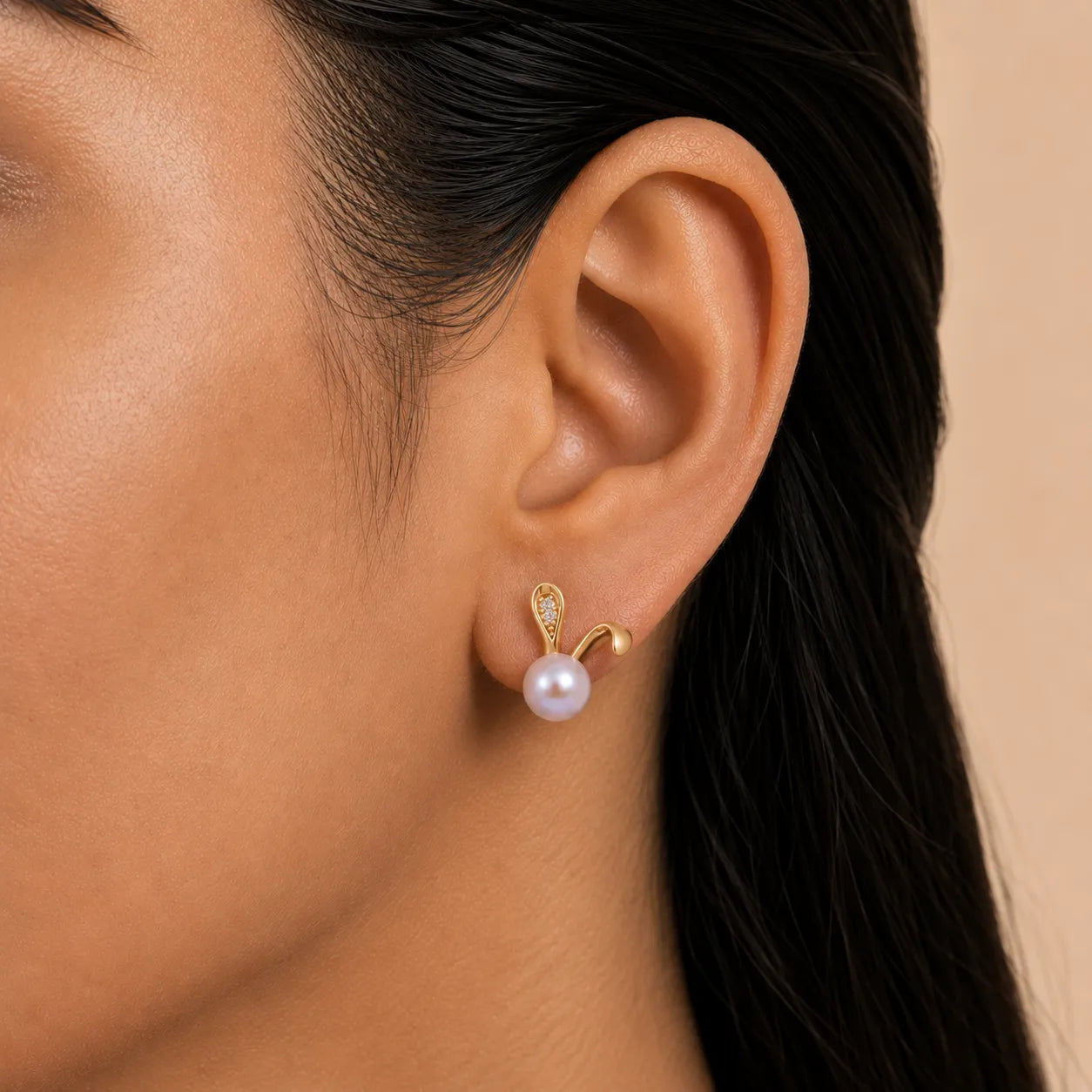 Pink Freshwater Pearl Bunny Gold Stud Earrings
