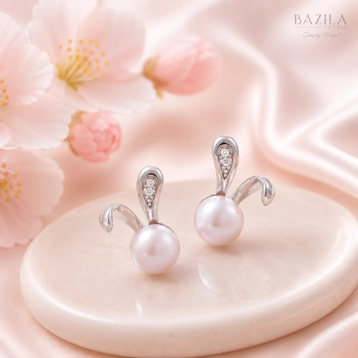 Pink Freshwater Pearl Bunny Silver Stud Earrings