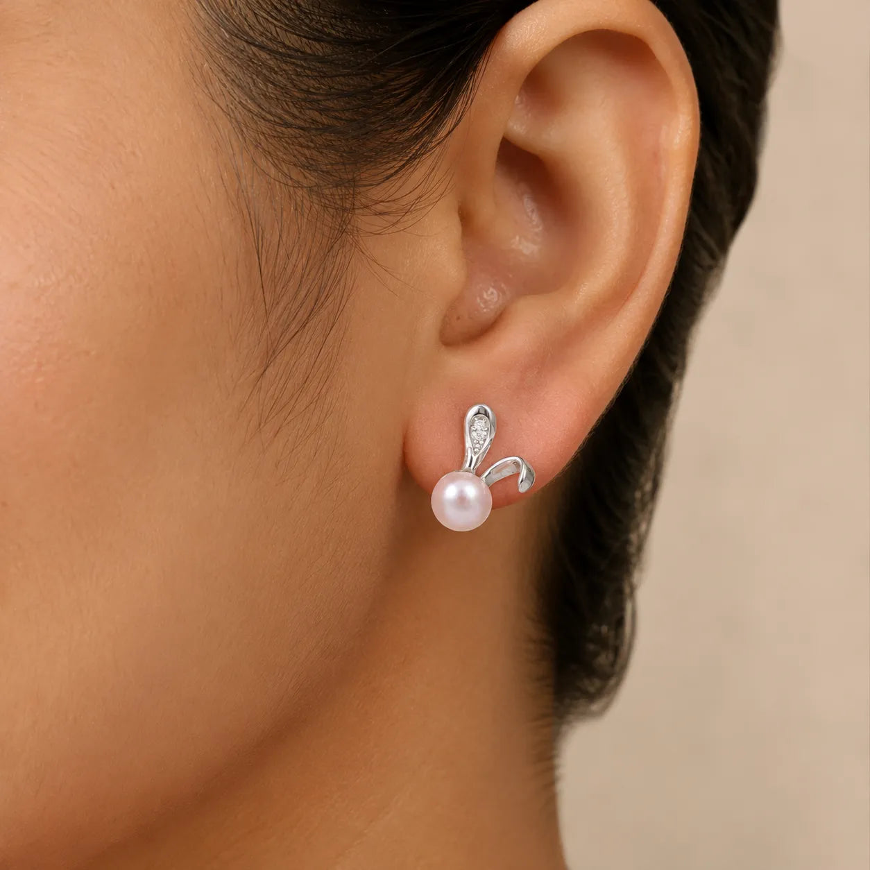 Pink Freshwater Pearl Bunny Silver Stud Earrings