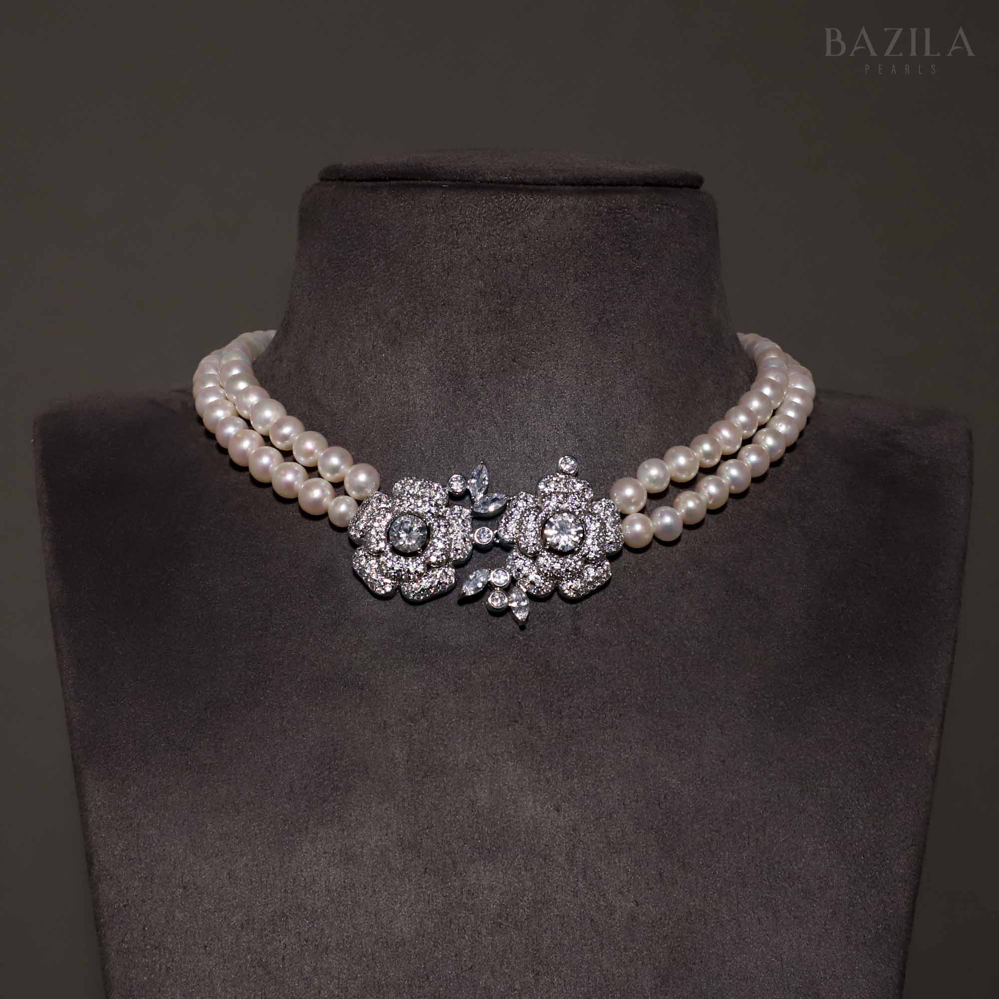 Double-Strand Pearl Choker with Floral Zircon Clasp