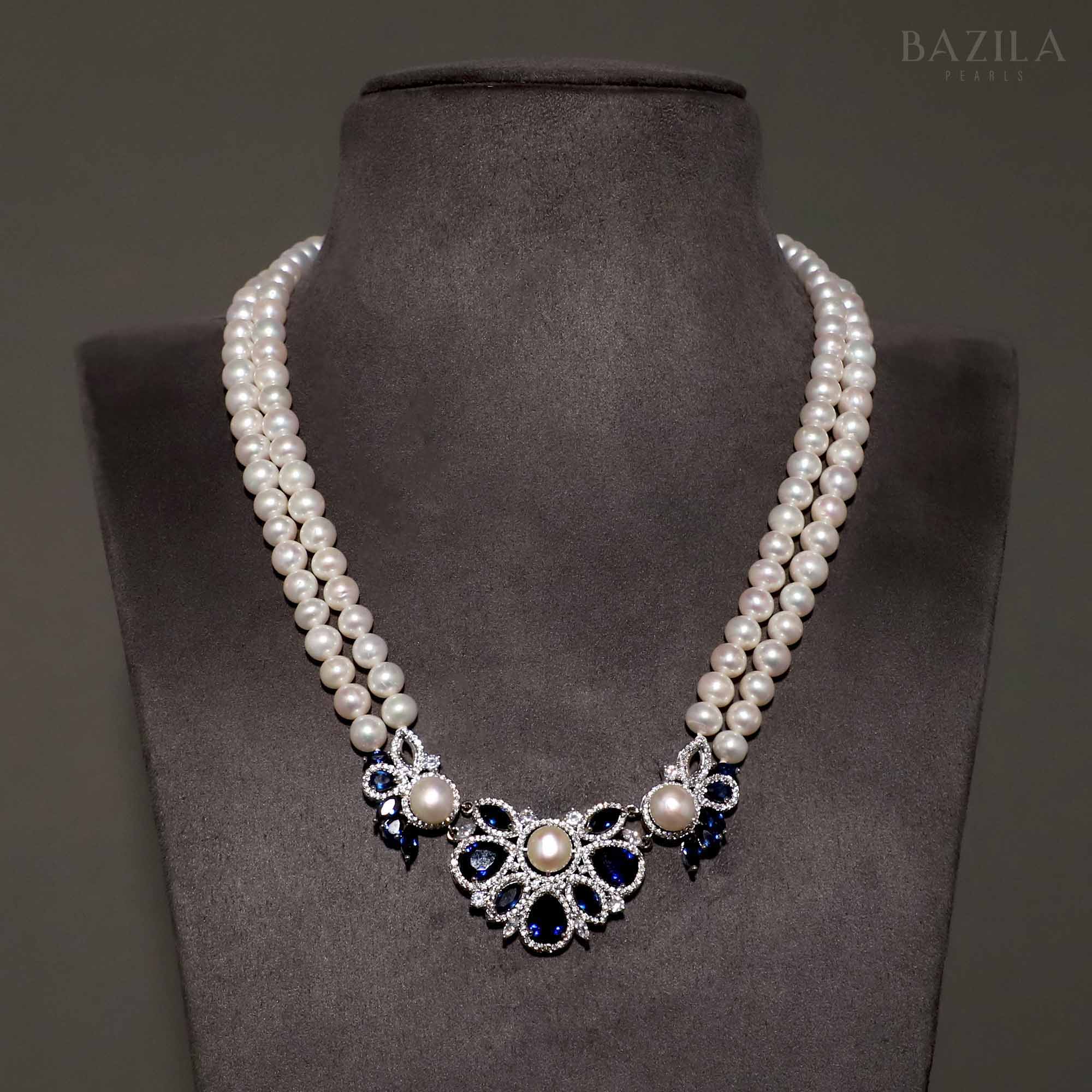 Luxurious Pearl Necklace with Sapphire and Zircon Detailing