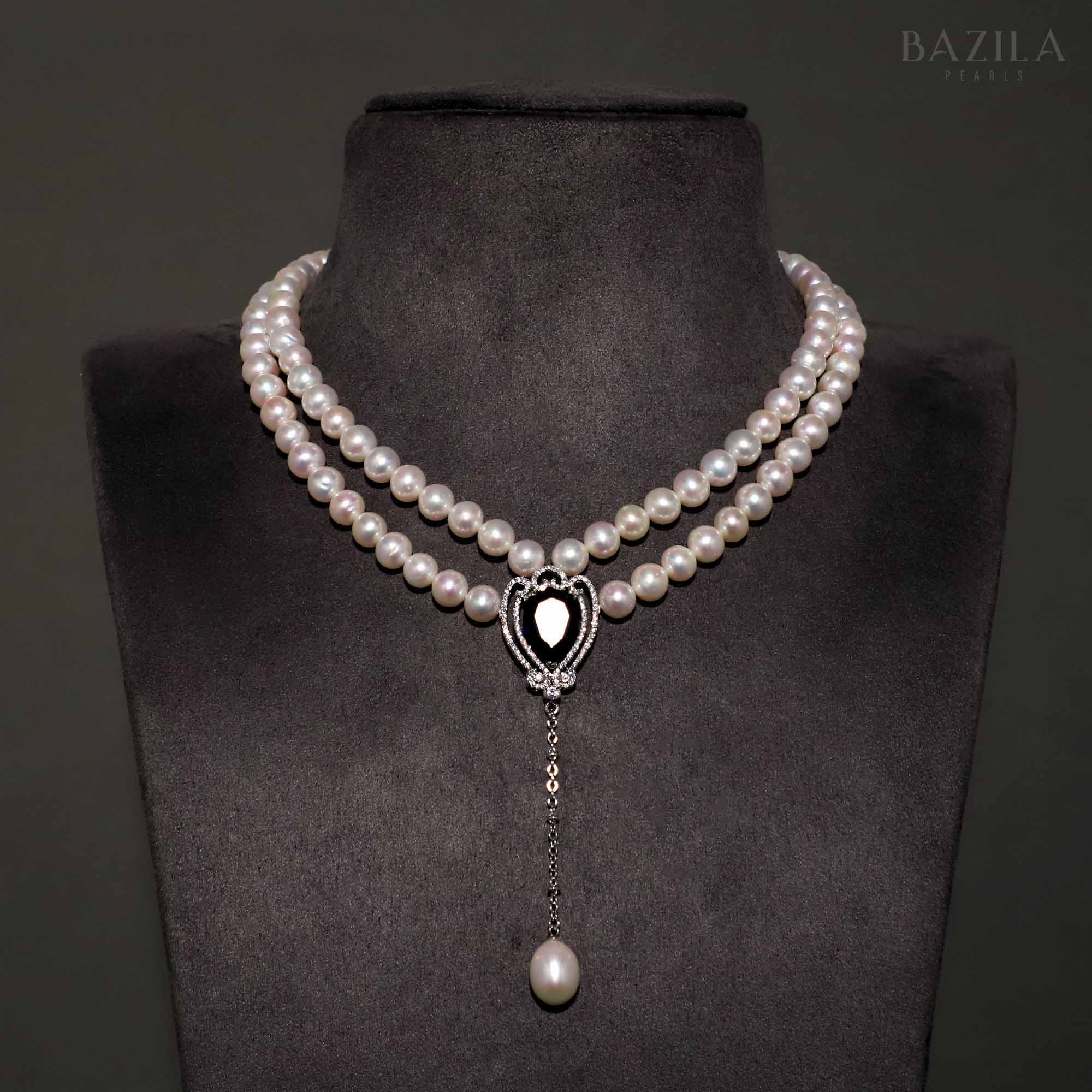 Graceful Twin-Strand Pearl Necklace with Ornate Zircon Centerpiece