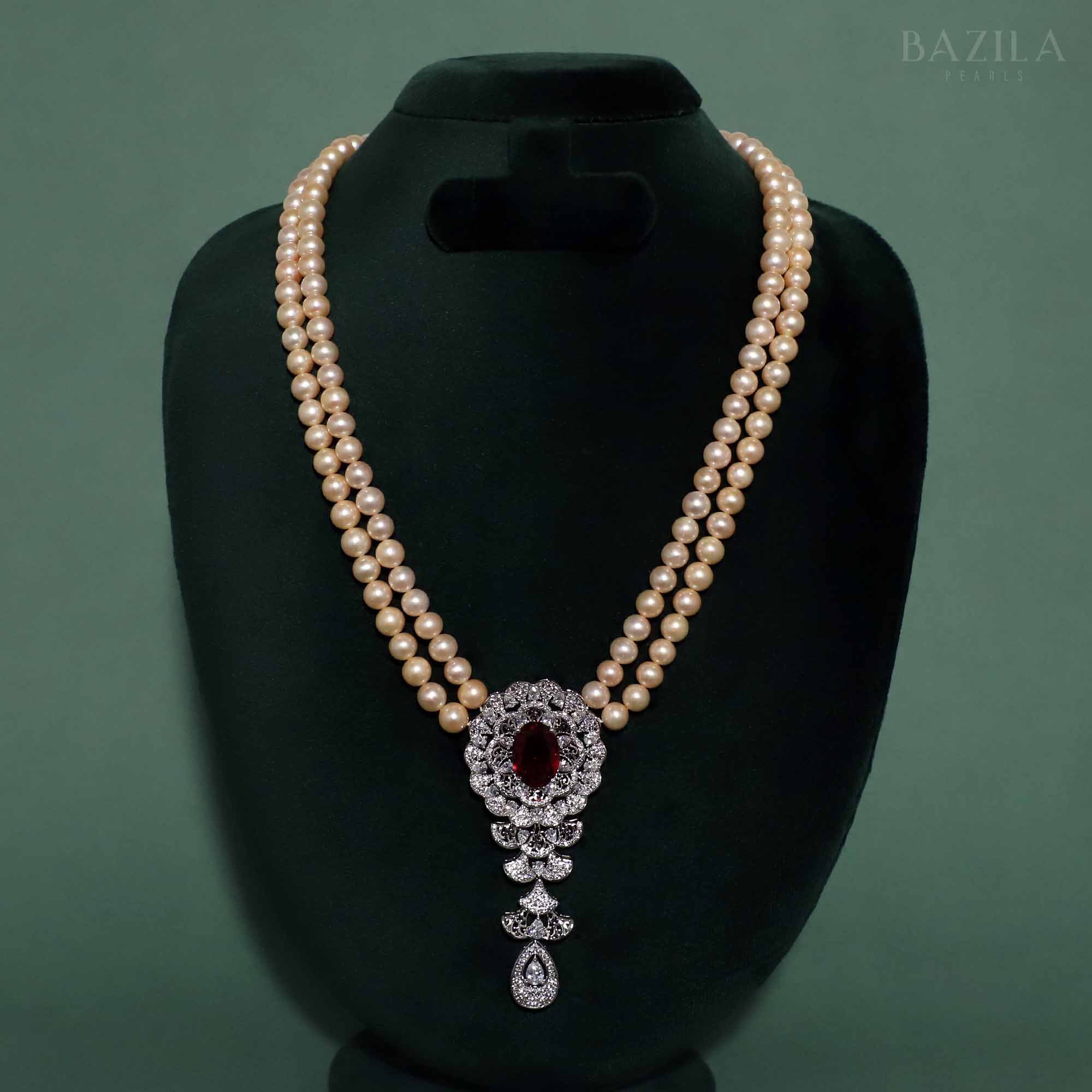 Regal Pearl Necklace with Ruby and Zircon Pendant