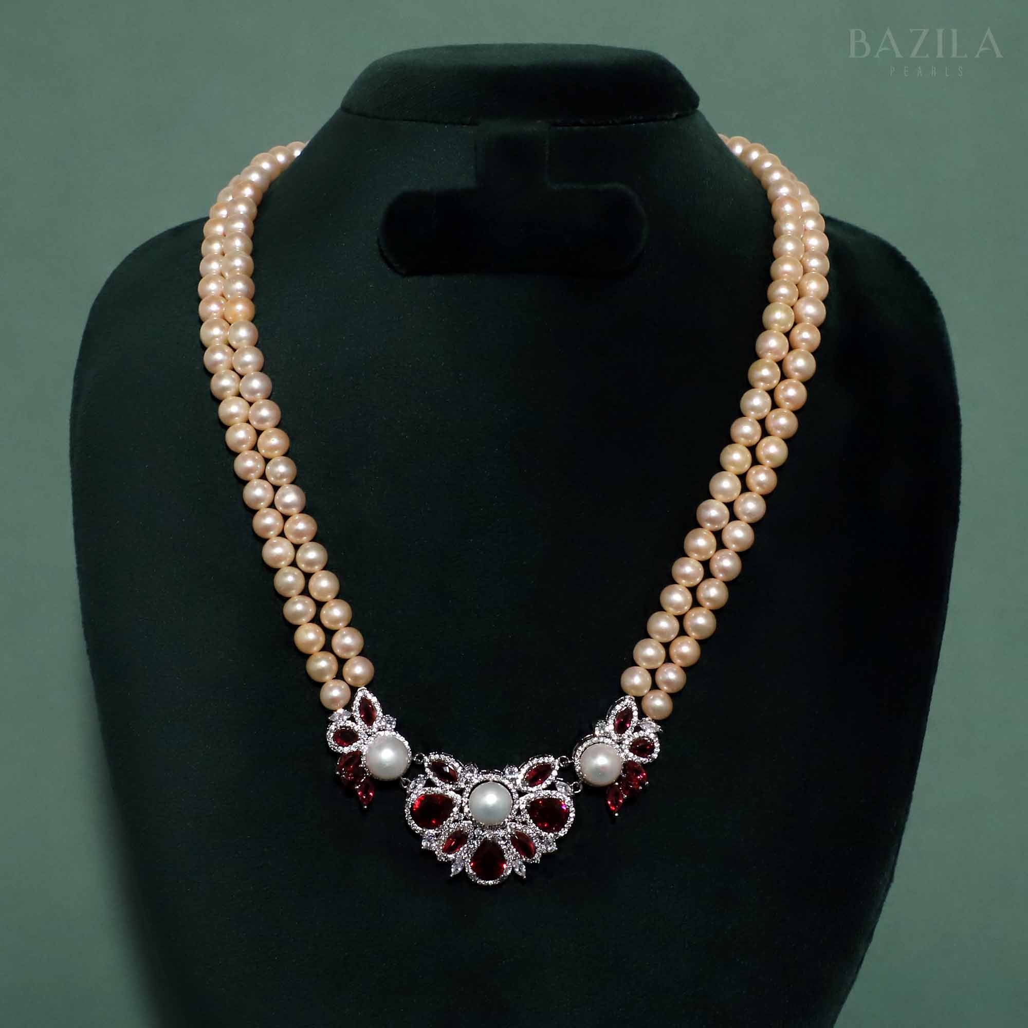 Exquisite Pearl Necklace with Ruby and Zircon Accents