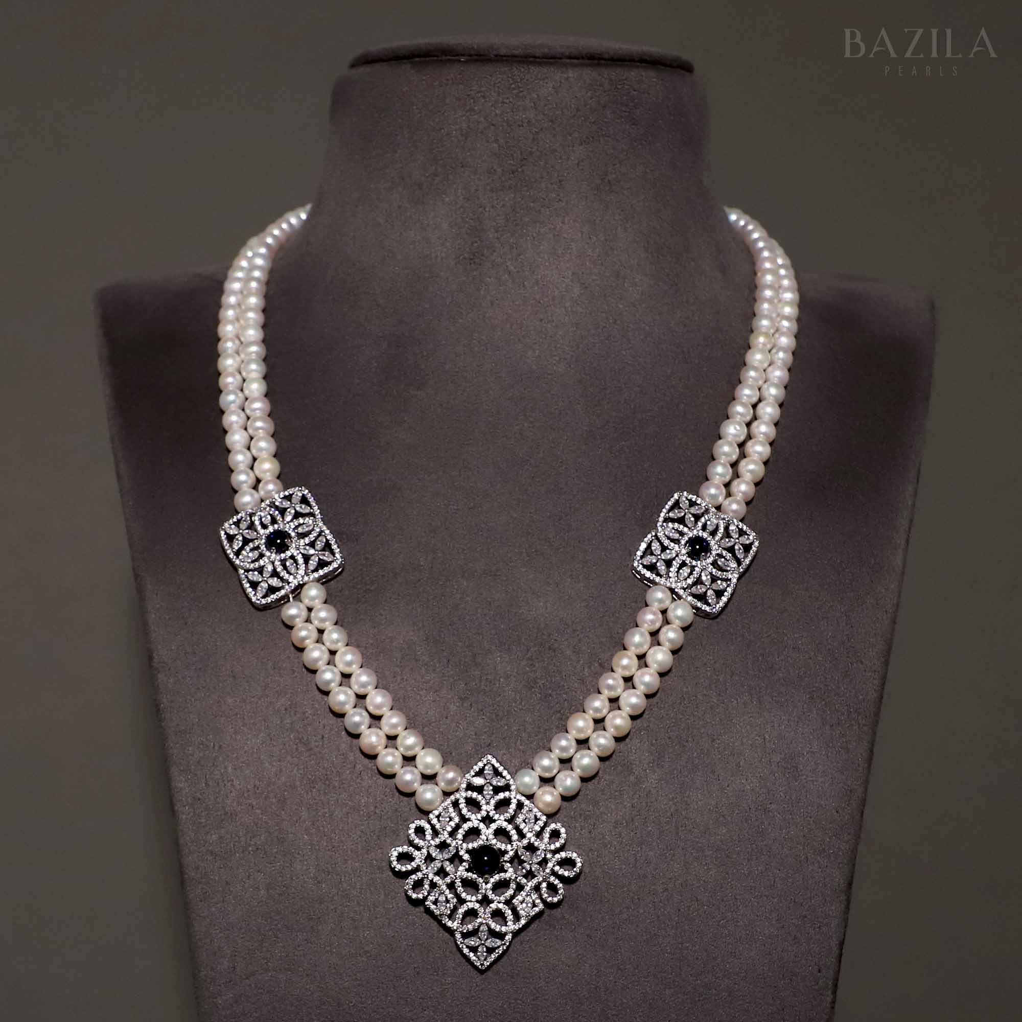 Classic Twin-Strand Pearl Necklace with Ornate Zircon Accents