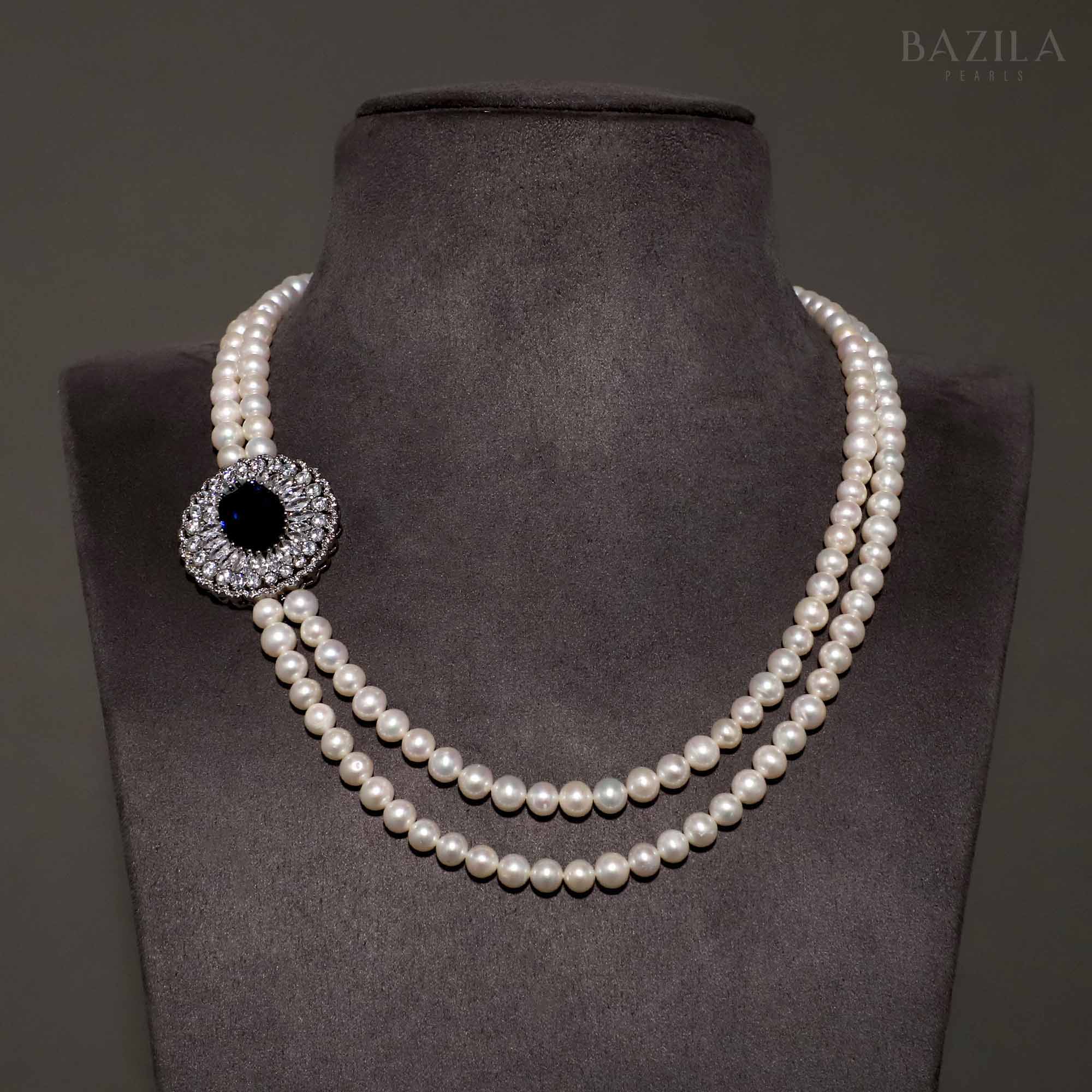 Double-Strand Pearl Necklace with Sapphire and Zircon Sidepiece