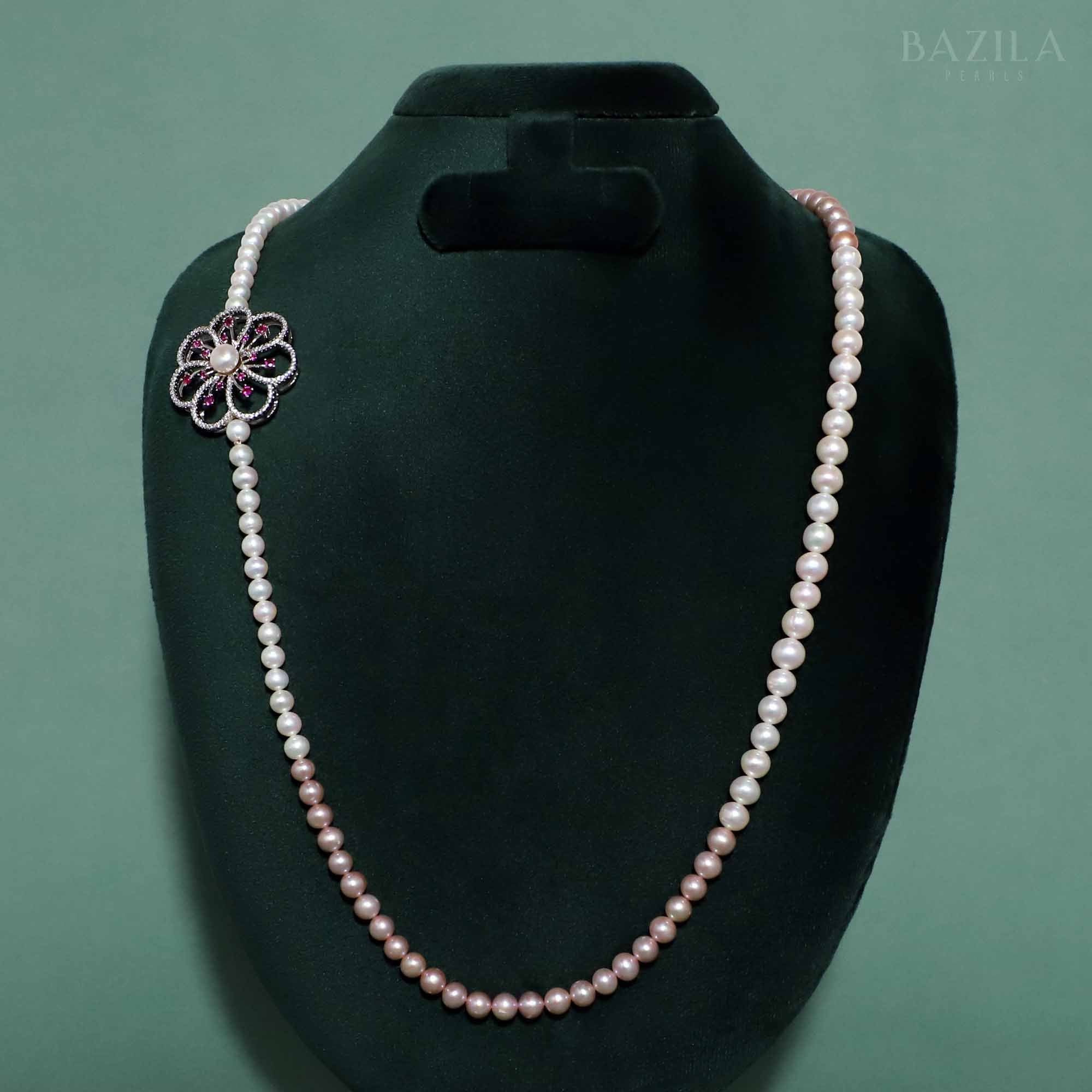 Asymmetrical Pearl Necklace with Floral Ruby Zircon Accent