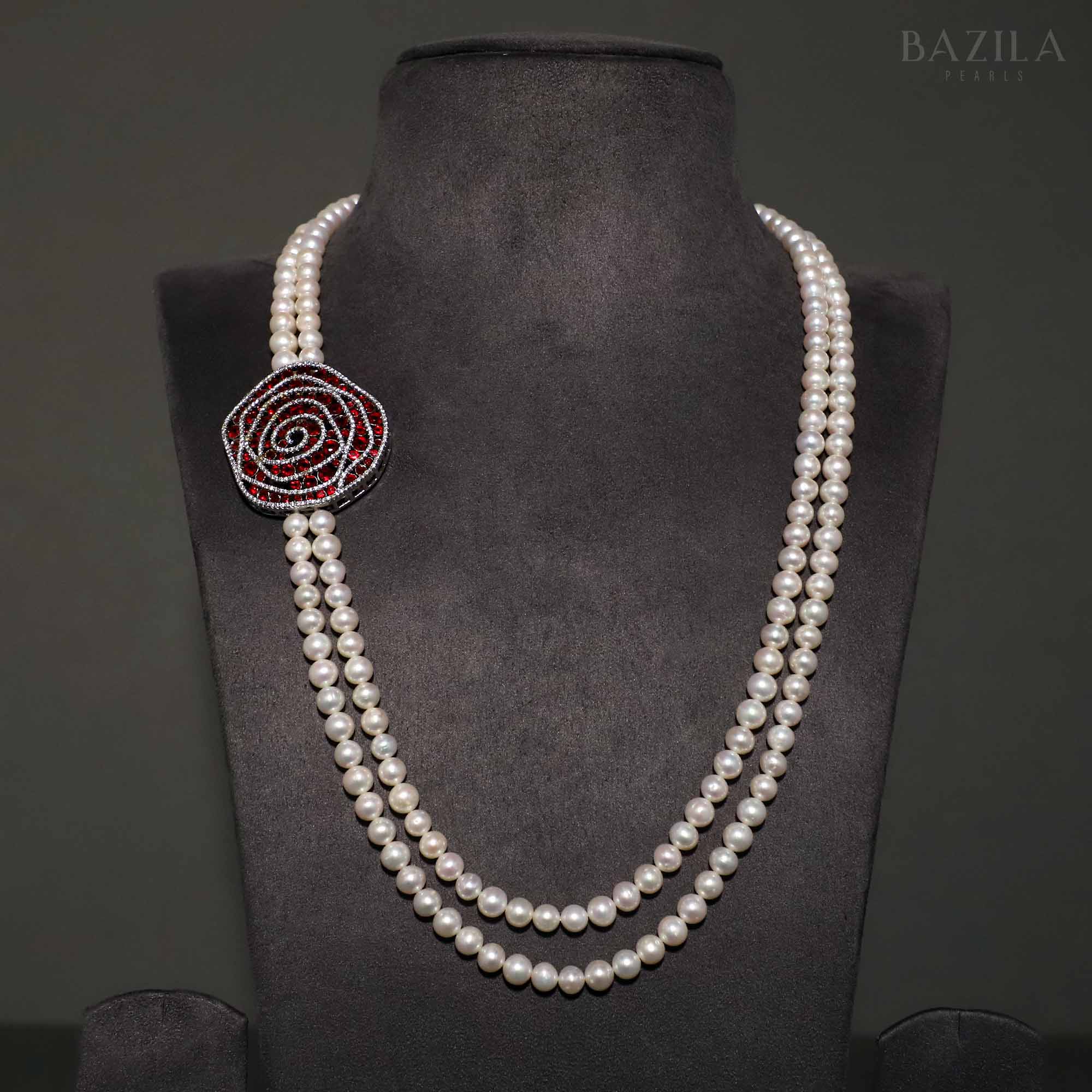 Graceful Pearl Necklace with Swirling Ruby Zircon Accent