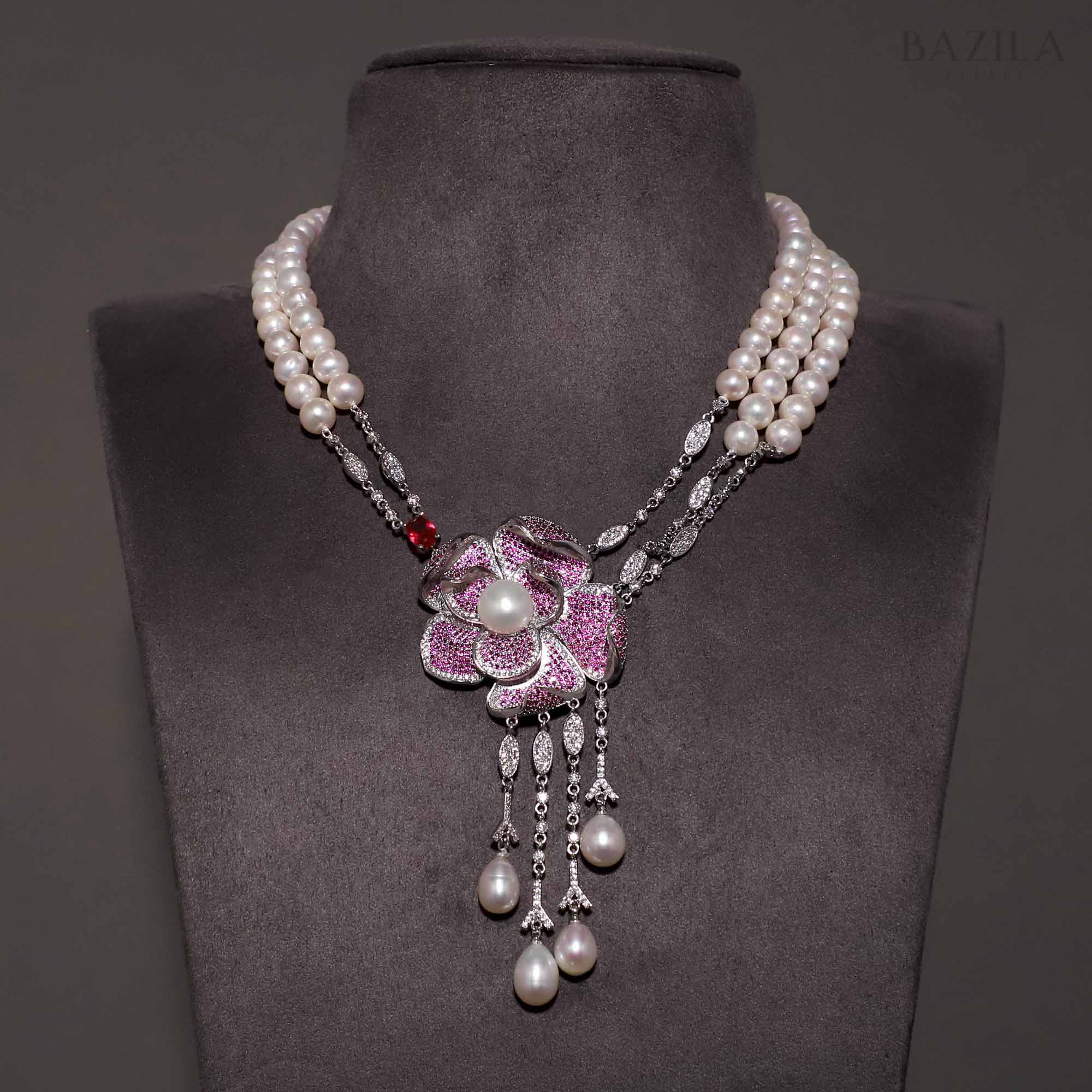 Triple-Strand Pearl Necklace with Pink Sapphire Floral Pendant