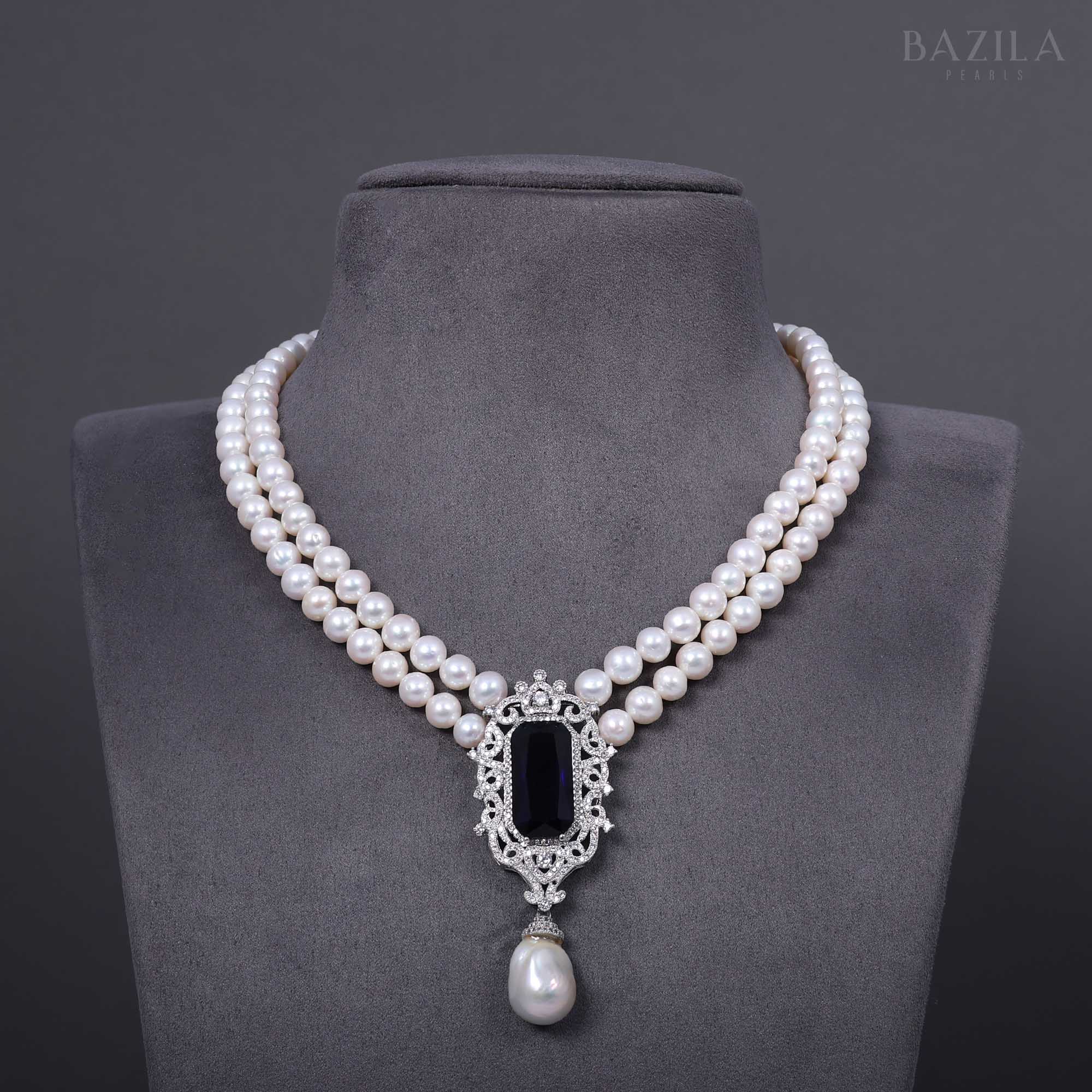 Regal Pearl Necklace with Sapphire and Baroque Pearl Pendant