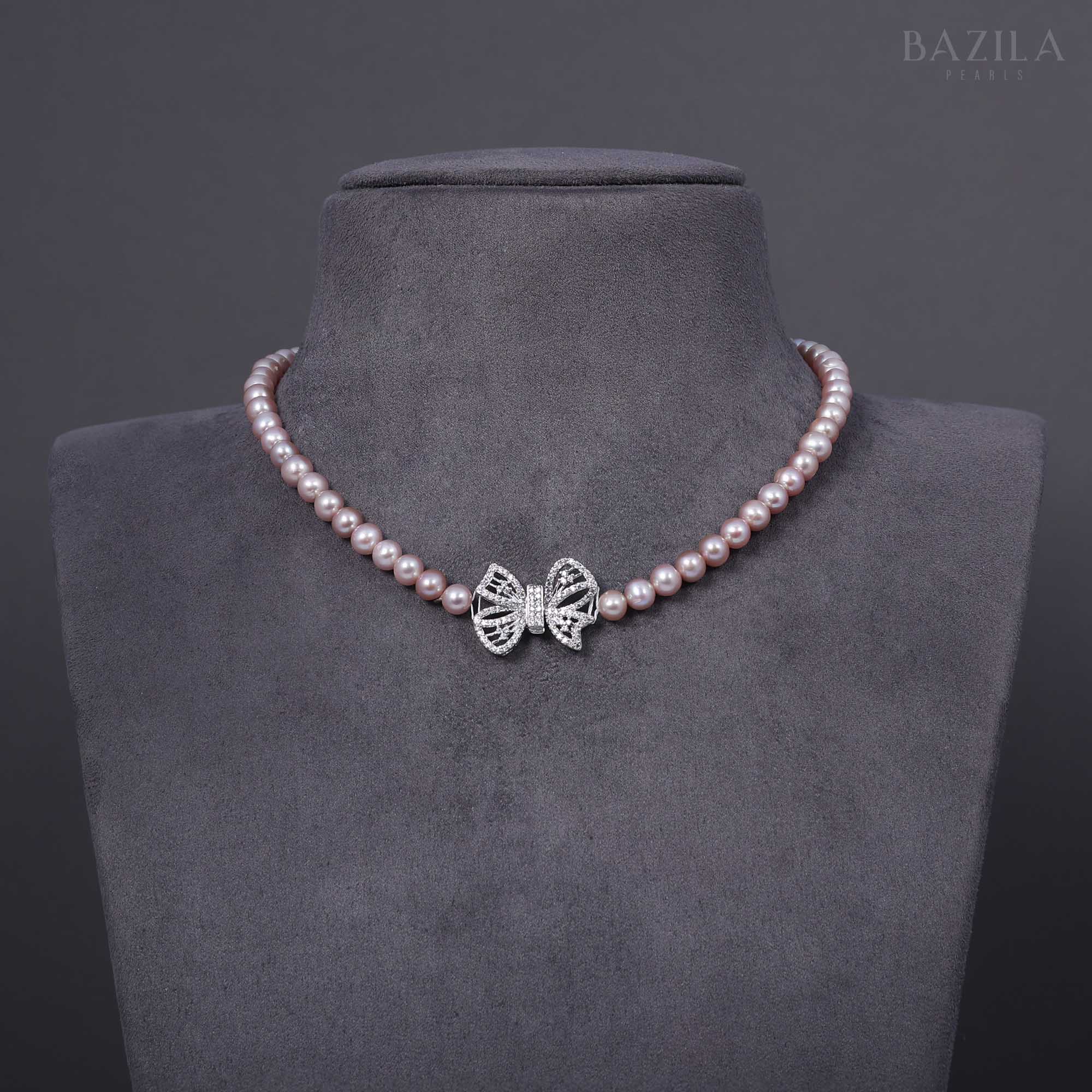 Mauve Pearl Necklace with Elegant Zircon Bow