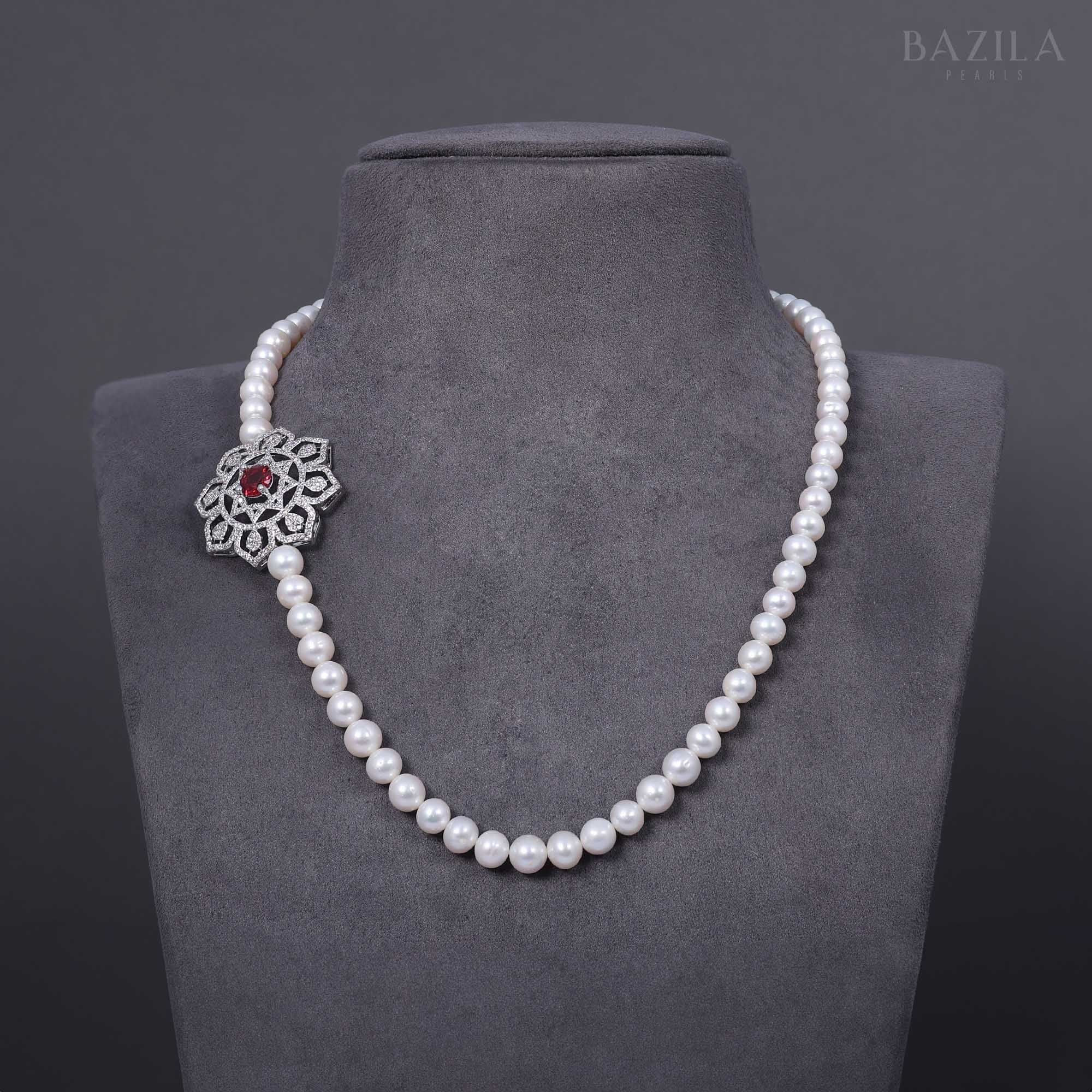 Asymmetrical Pearl Necklace with Ruby Zircon Floral Accent