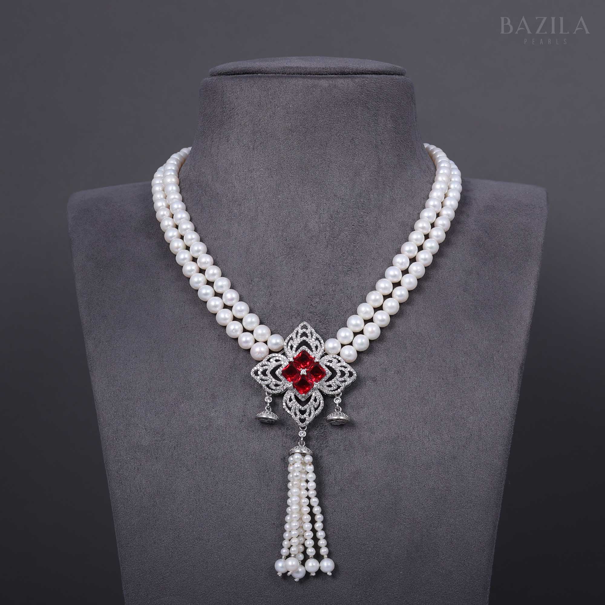 Regal Pearl Necklace with Ruby Zircon Tassel Pendant