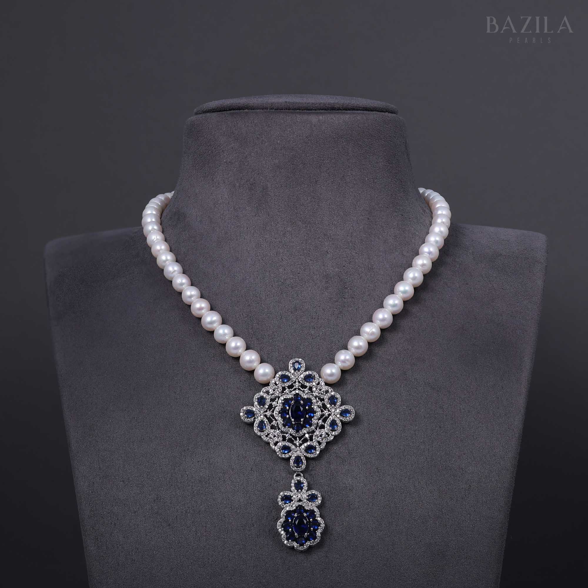Pearl Necklace with Sapphire Zircon Pendant