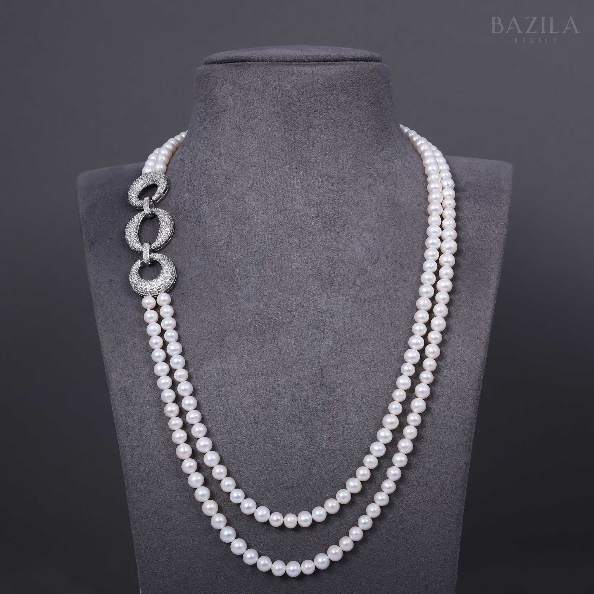 Elegant Double-Strand Pearl Necklace with Zircon Link Accent