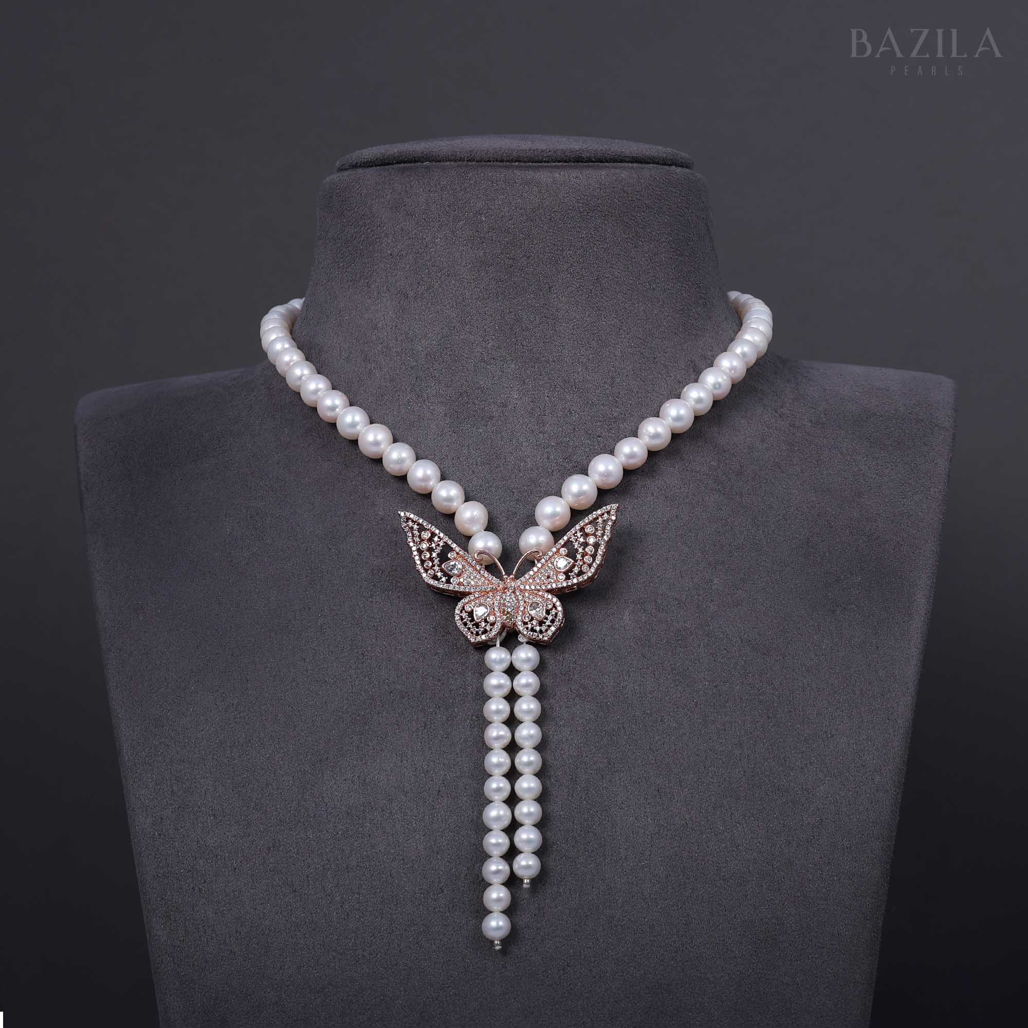 Butterfly-Inspired Pearl Necklace with Zircon Embellishments