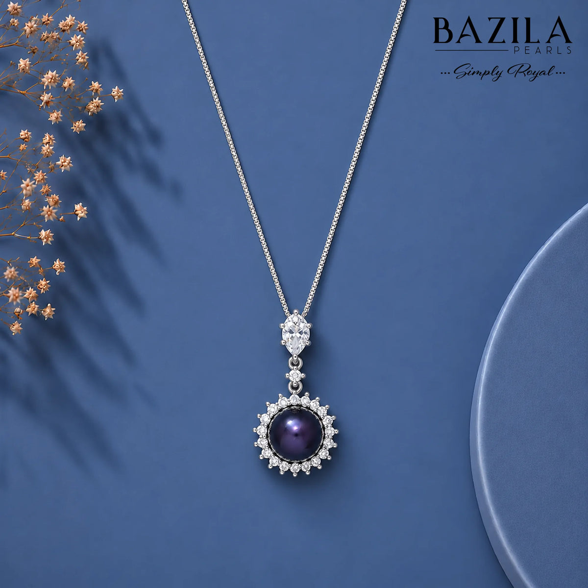 Black Button Pearl Halo Pendant with Sterling Silver Chain