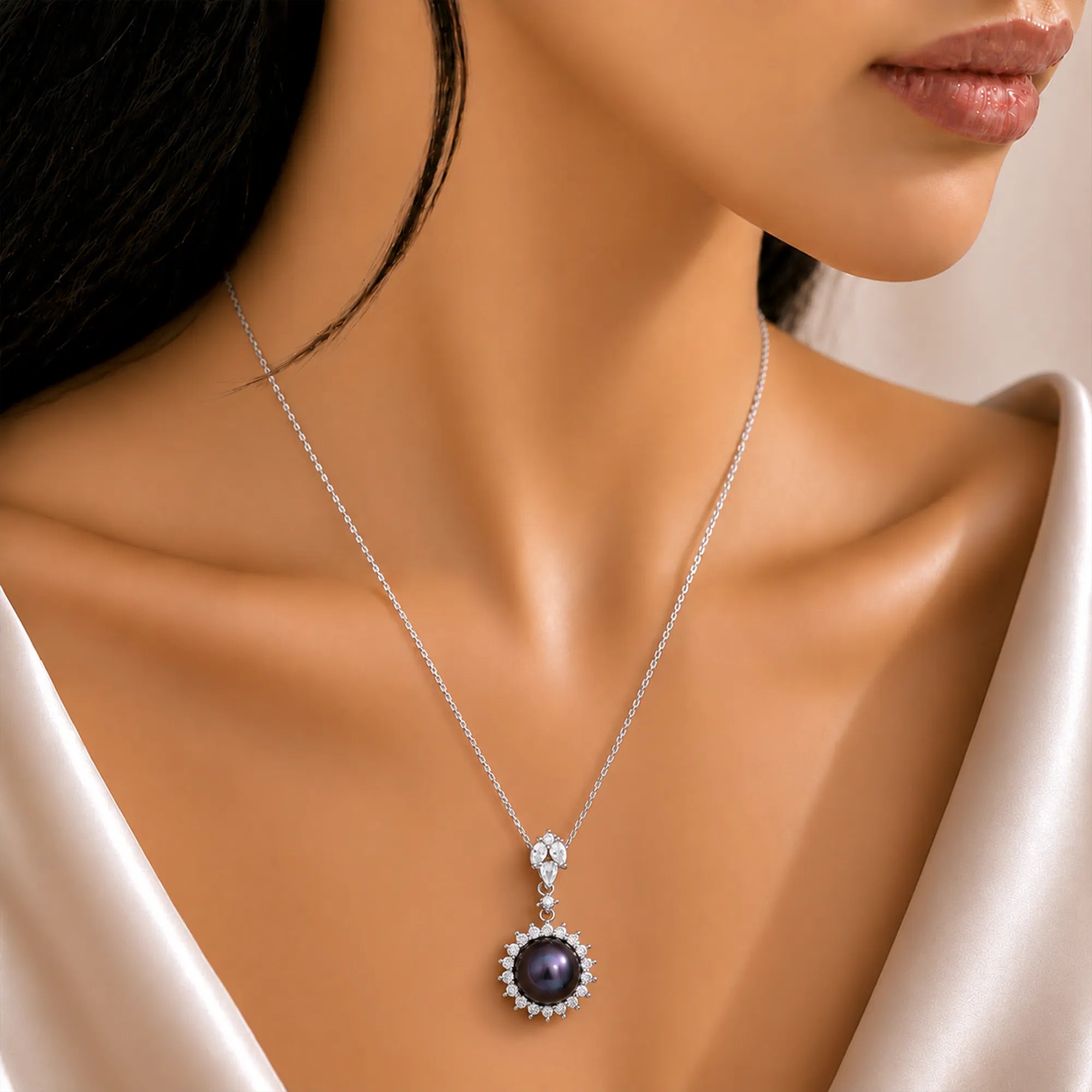 Black Button Pearl Halo Pendant with Sterling Silver Chain