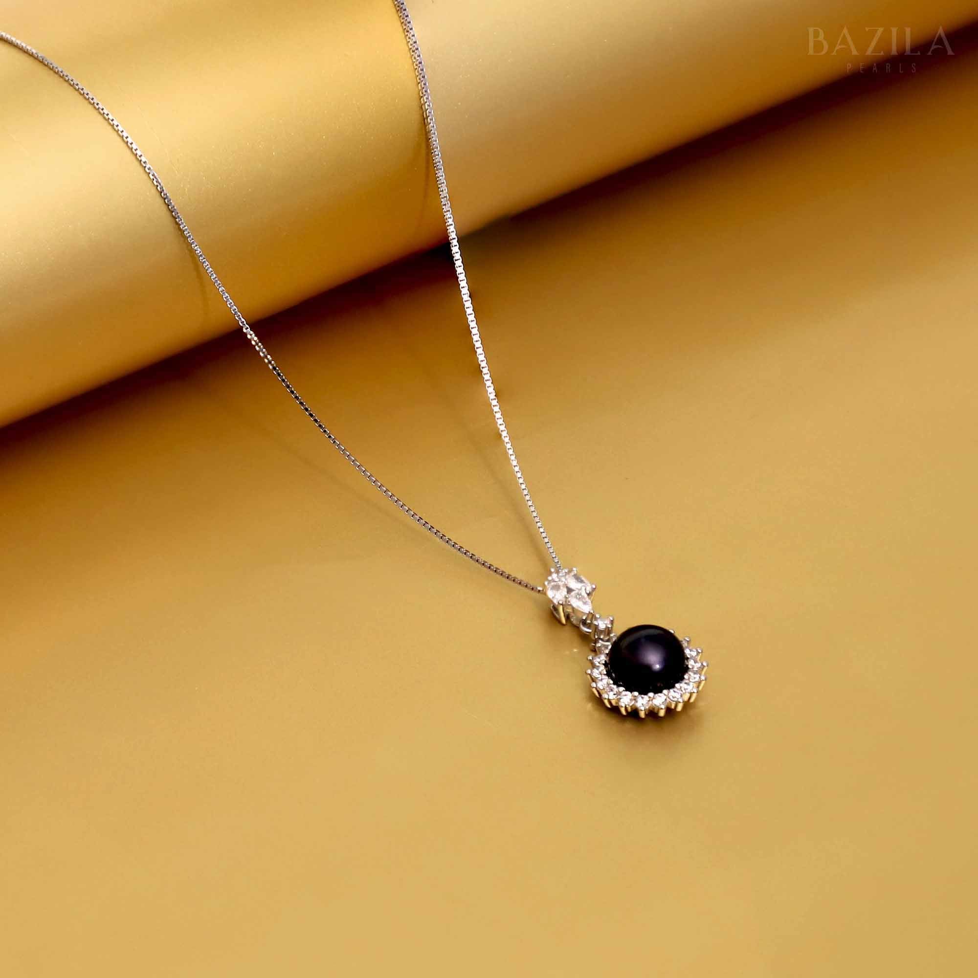 Black Button Pearl Halo Pendant with Sterling Silver Chain