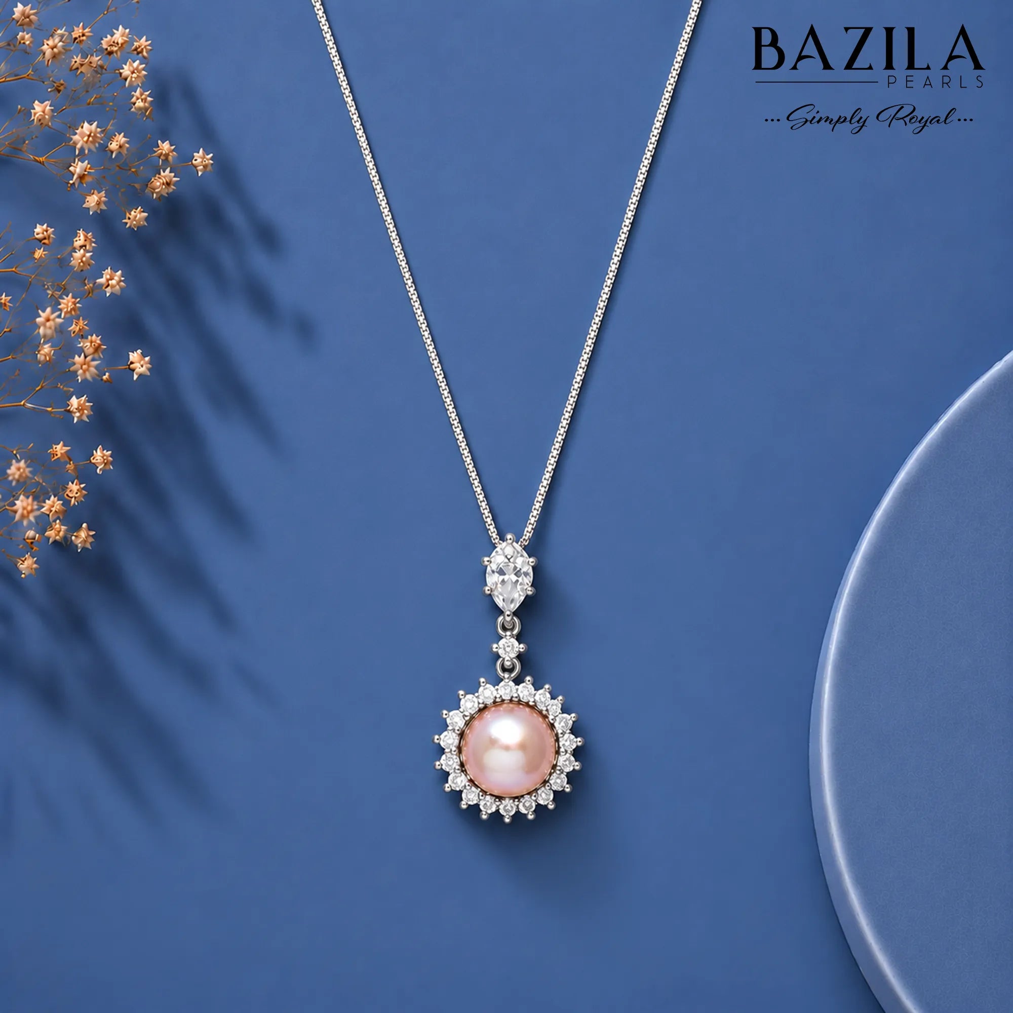 Pink Button Pearl Halo Pendant with Sterling Silver Chain