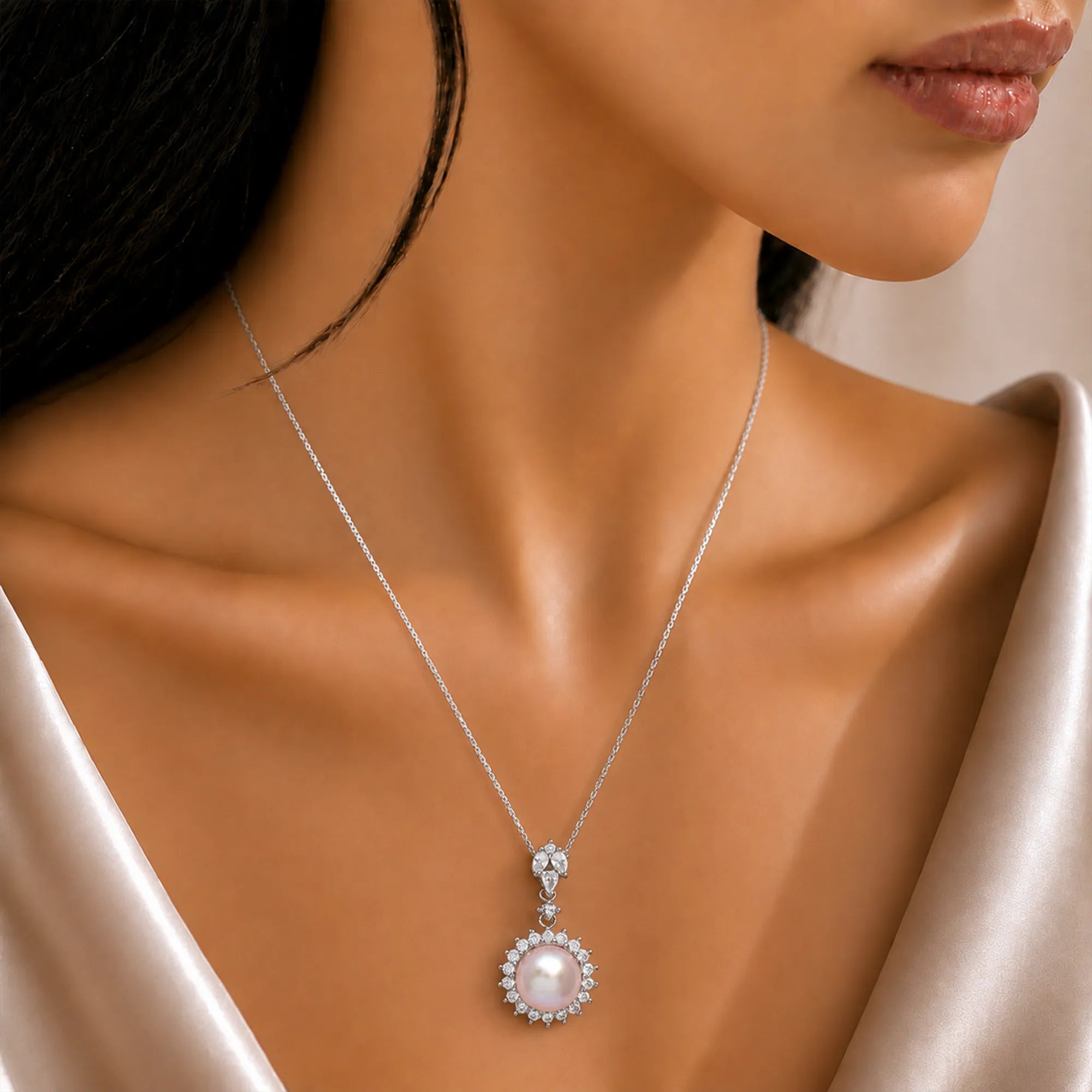 Pink Button Pearl Halo Pendant with Sterling Silver Chain