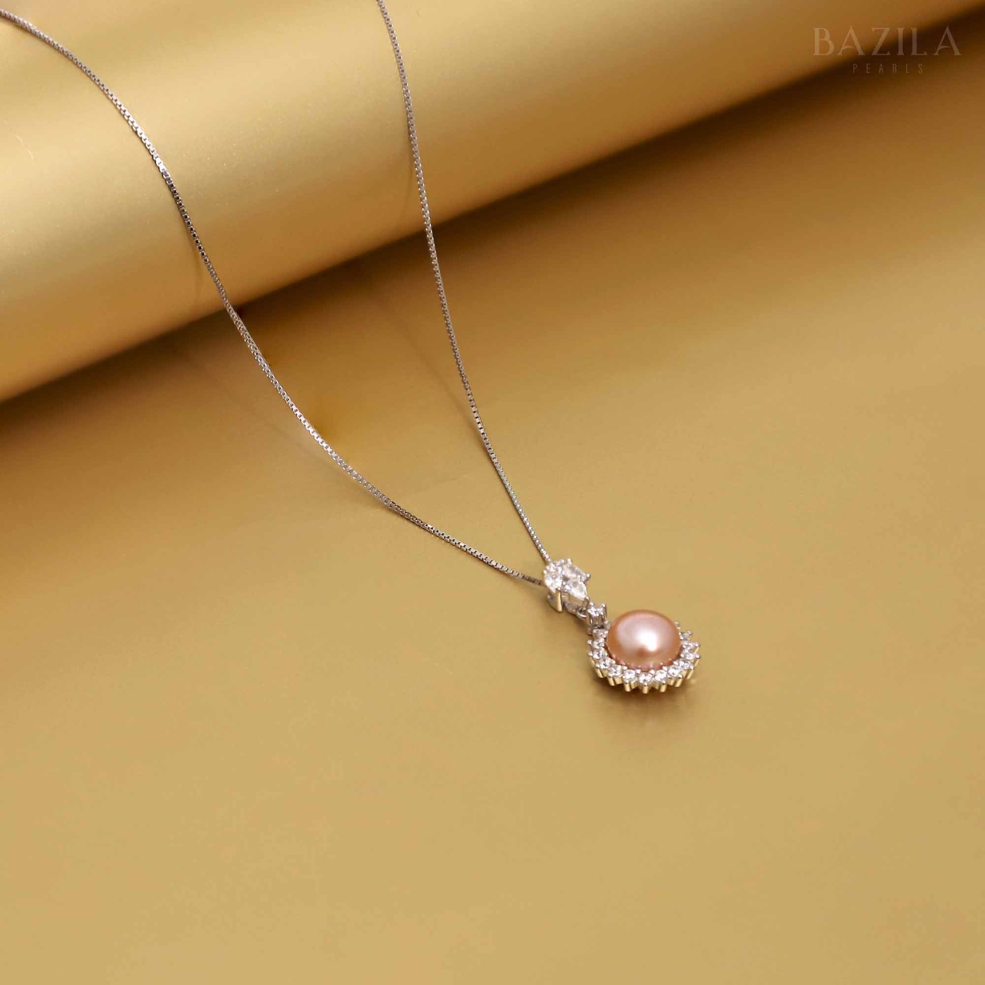Pink Button Pearl Halo Pendant with Sterling Silver Chain