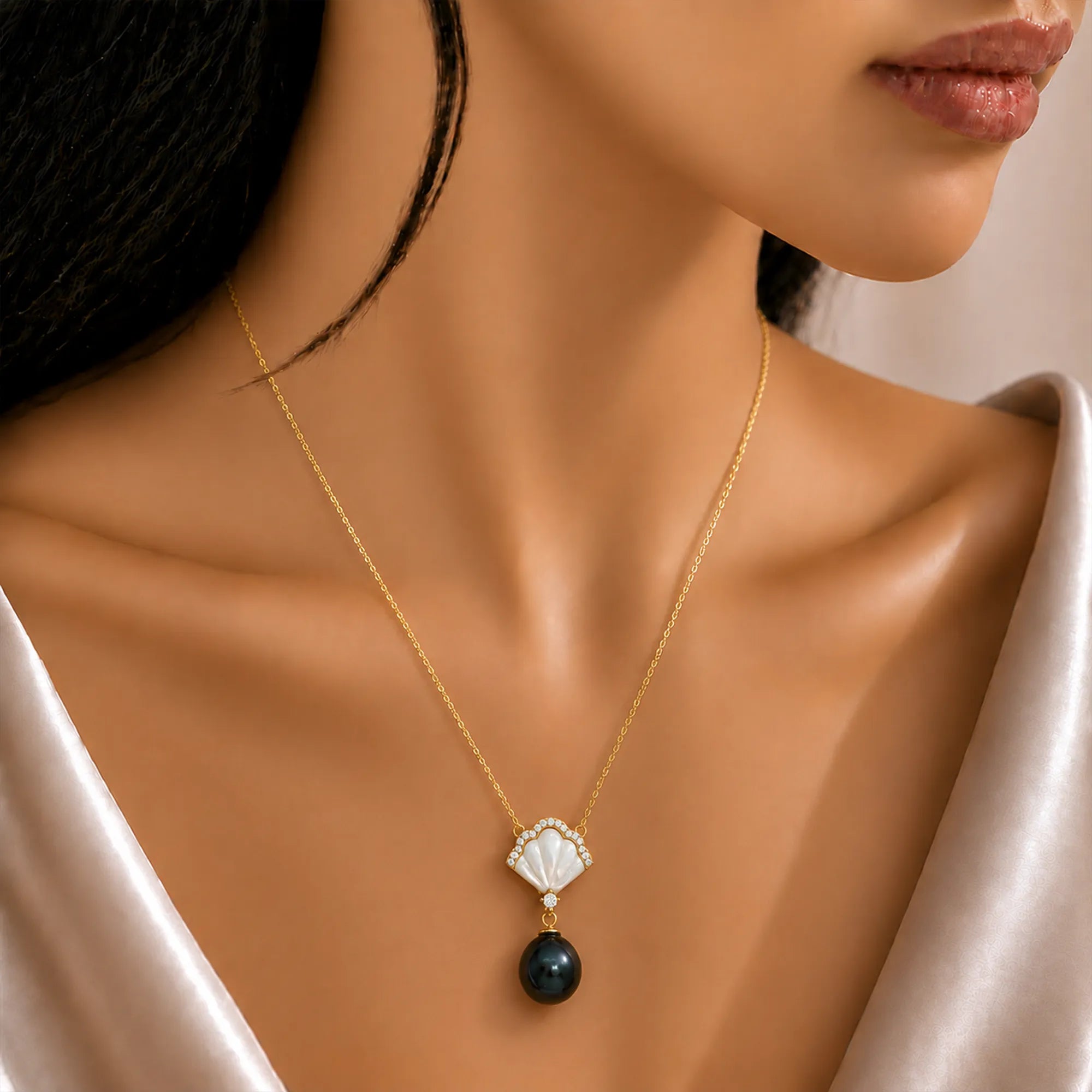 Midnight Glow Black Pearl Necklace and Mother Of pearl