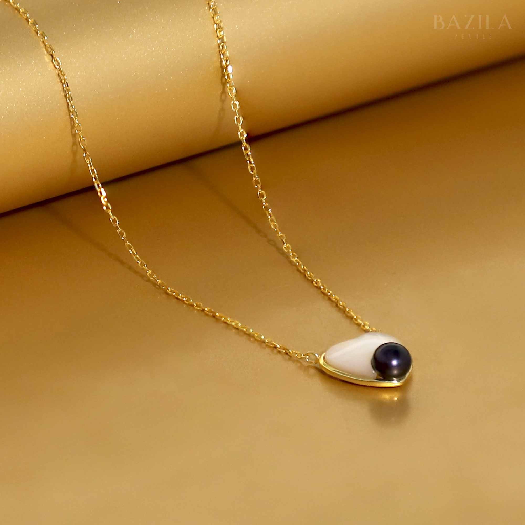 Sophisticated Freshwater Button Pearl Pendant – 8mm Gold & Black, Rhodium Silver