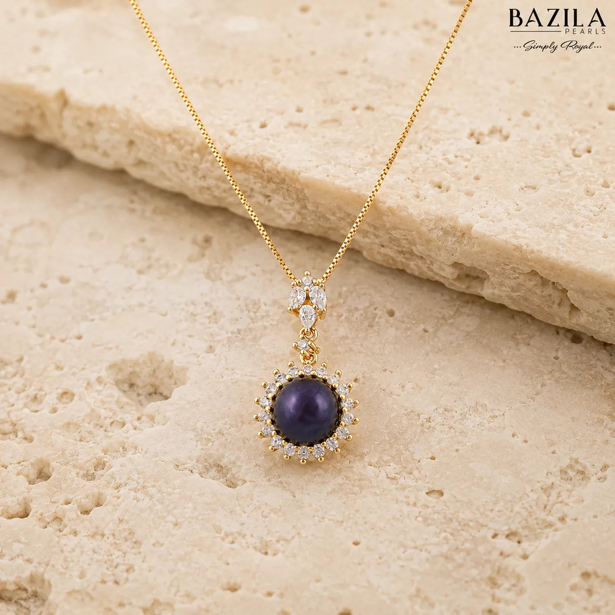 Regal Black Pearl Pendant with Gold-Finish Chain & Zircon Halo