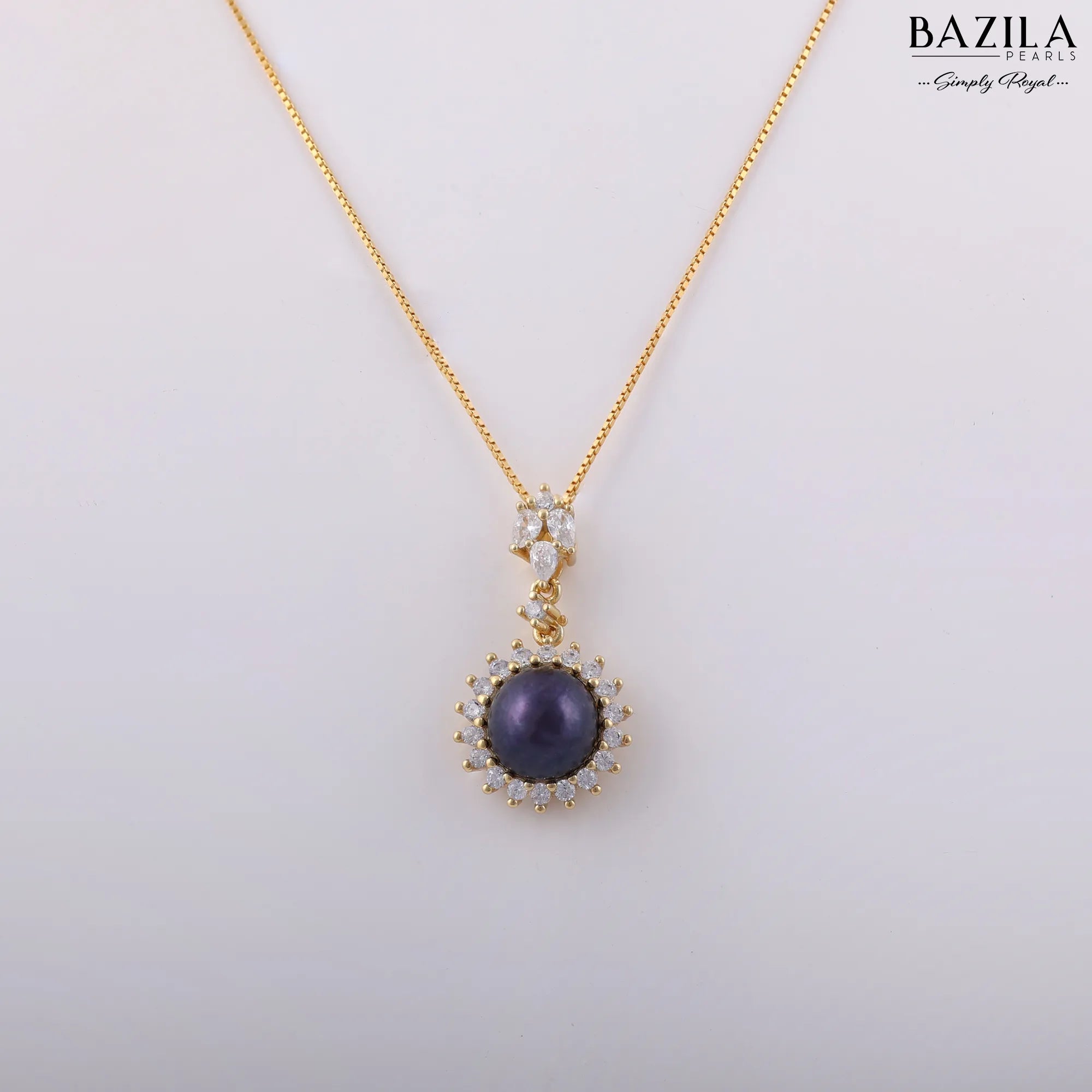 Regal Black Pearl Pendant with Gold-Finish Chain & Zircon Halo